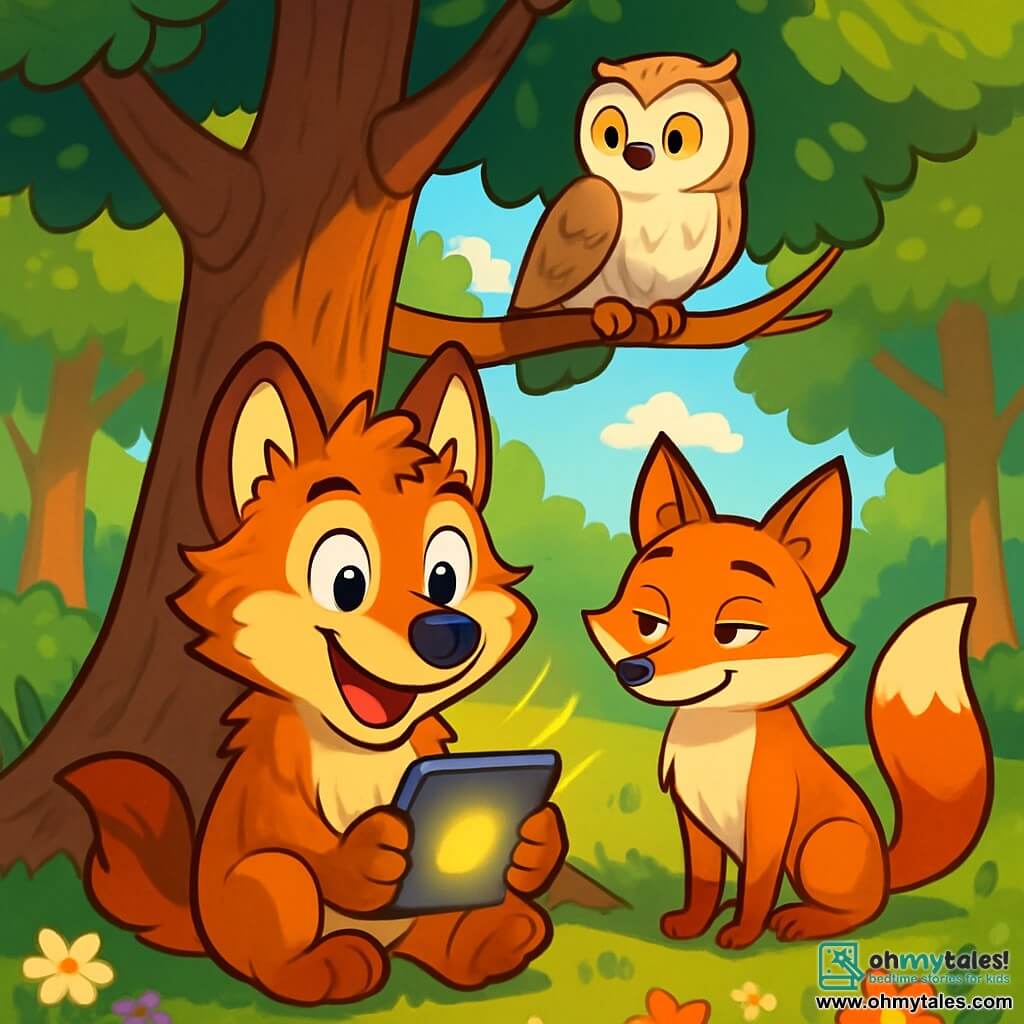 A young wolf with sparkling eyes and autumn-colored fur, Lupo, sits under a large oak tree, gazing in wonder at a small glowing screen in his paws. His expression is joyful and curious, with a wide smile and perked ears. Next to him, a clever fox named Flick, with bright orange fur and a bushy tail, watches Lupo with an amused look, his eyes sparkling with mischief. Luna, the wise owl with soft white feathers, perches on a branch above them, her large round eyes filled with wisdom, observing the scene with a benevolent expression. The setting is a sunny glade surrounded by majestic trees with lush green leaves, colorful flowers scattered on the ground, and rays of light filtering through the branches. The main situation shows Lupo captivated by the glowing screen, while Flick and Luna exchange knowing glances, creating an atmosphere of friendship and discovery in the heart of the forest.