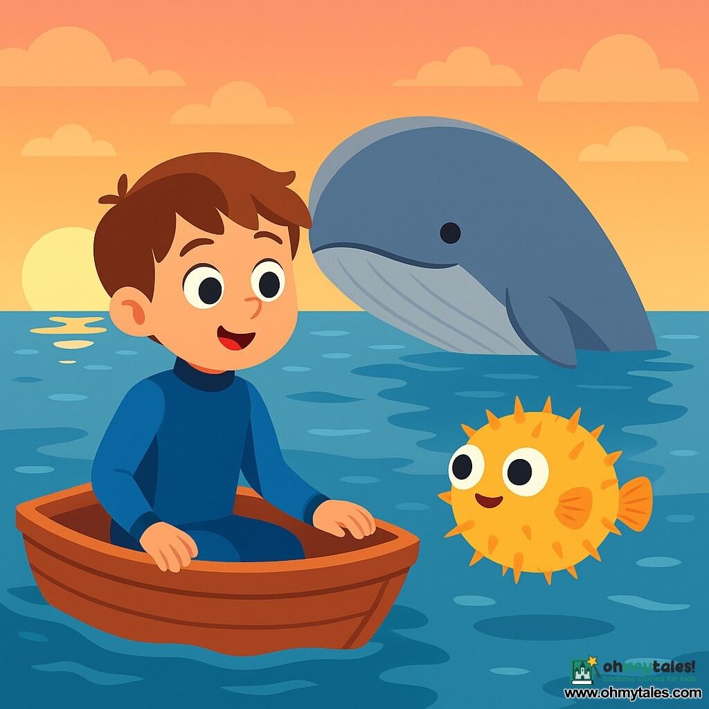 An 8-year-old boy named Tom is sitting in a small wooden boat, his face glowing with curiosity and wonder. He is wearing a blue wetsuit and gazing wide-eyed at the water. Beside him, in the clear water, a pufferfish named Piff swims joyfully, its spines slightly puffed. In the background, a huge and majestic whale calf partially emerges from the water, its smooth gray skin shimmering under the setting sun. The ocean is vast and blue, dotted with golden sun reflections and gentle small waves. The sky is tinged with shades of orange and pink, adding a magical and soothing atmosphere to the scene.