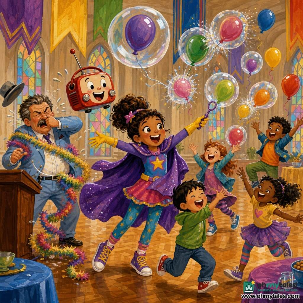 The heroine is Whizzy Wanda, a round-faced, expressive woman with sparkling eyes and a big joyful smile, wearing a colorful outfit with a shiny purple cape and yellow gloves, blowing translucent bubbles that reveal balloons while holding her arms out in a dynamic pose; her companion is Rhonda, a small red retro talking radio with a curved antenna and a painted smiling face, floating at Wanda’s right shoulder; the mayor, a mustached man of about 50 in a slightly rumpled light blue suit, sneezes and drops a tickling garland by a wooden lectern to Wanda’s left; four laughing children (two girls, two boys, 6–8) in bright clothes jump forward to catch the bubble-balloons; the scene is a bright, festive, slightly chaotic town hall with high stained-glass windows, shiny parquet, multicolored bunting, and moving tablecloths as bubbles pop and everyone laughs.
