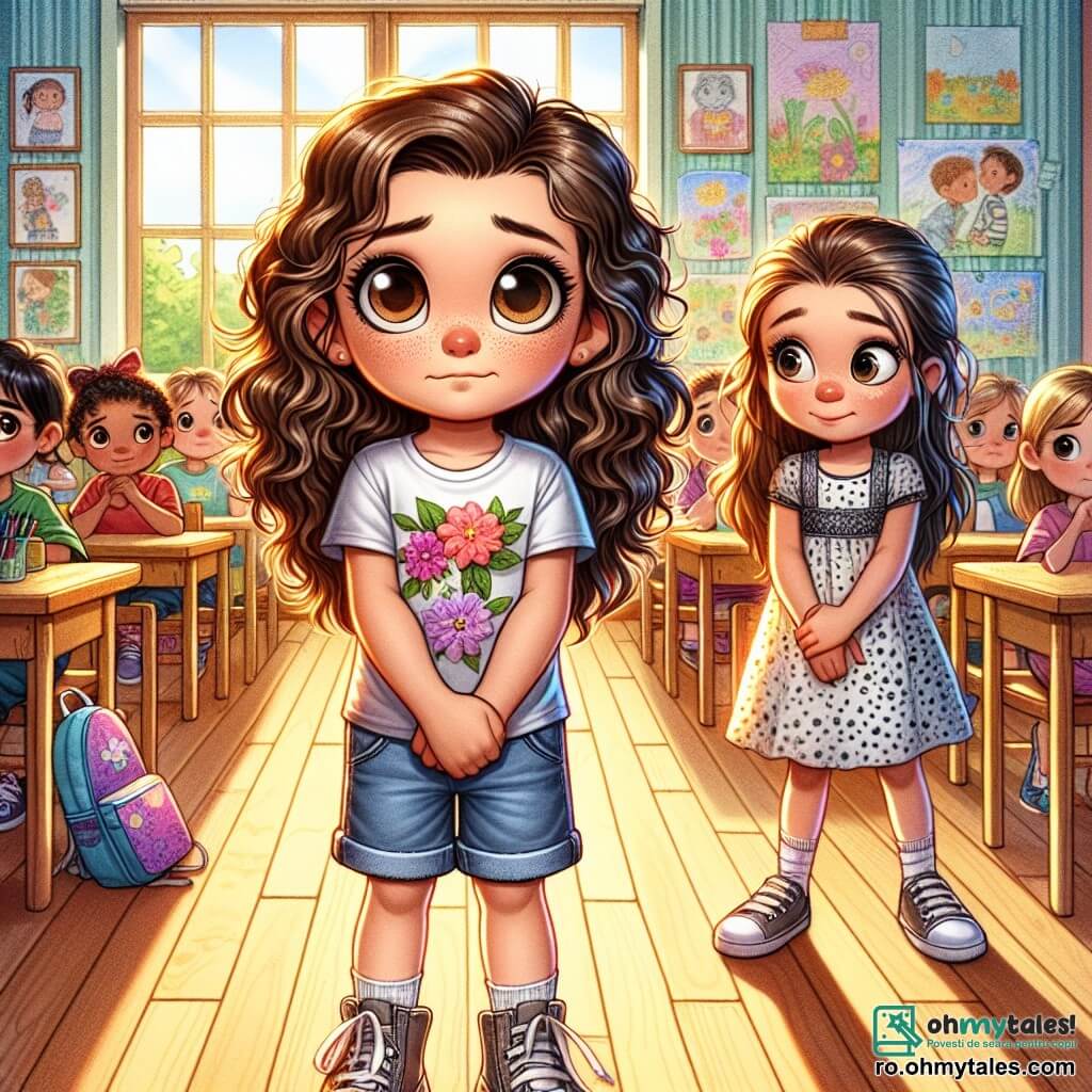 O fată de 10 ani, Ana, stă în centrul imaginii, cu ochi mari și curioși și păr brunet creț. Are o expresie de nervozitate pe față, cu mâinile încrucișate în față și privește timid spre sol. Ana poartă un tricou colorat cu modele florale și o pereche de blugi, iar rucsacul ei mic este așezat la picioare. La dreapta ei, Mara, cea mai bună prietenă de 10 ani, are părul lung și drept, prins într-o coadă de cal. Are o privire înțelegătoare și încurajatoare, cu brațele încrucișate, așteptând răbdătoare ca Ana să vorbească. Mara poartă o rochie cu buline și adidași. În fundal, sala de clasă este luminoasă și primitoare, cu pereți decorați cu desene de copii și rafturi pline de cărți colorate. Feronierile lasă să intre lumina soarelui, iluminând birourile din lemn unde alți copii sunt așezați, observând scena cu curiozitate. Situația principală o arată pe Ana, ezitantă, pe punctul de a-i mărturisi învățătoarei și clasei că a mințit despre proiectul ei școlar. Atmosfera este tensionată, dar plină de speranță, ilustrând momentul crucial în care ea alege să fie onestă.