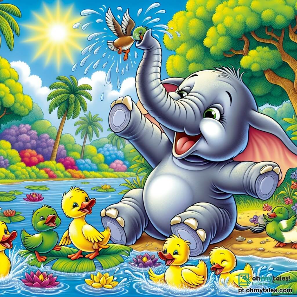 Um elefante feliz chamado Leo, com pele cinza e grandes orelhas, está à beira de um lago, espirrando água com sua tromba enquanto ri. Seus olhos brilham de curiosidade e felicidade. Ao seu lado, um grupo de patos coloridos, com penas amarelas e verdes, desliza sobre uma folha de bananeira, rindo e se divertindo ao tentar não cair na água. O lago é cercado por grandes árvores com folhas verdes vibrantes, e flores coloridas crescem nas margens, adicionando um toque de magia ao ambiente. A cena transmite uma atmosfera de alegria e amizade, enquanto Leo e os patos se divertem juntos, criando respingos e risadas sob o sol radiante.