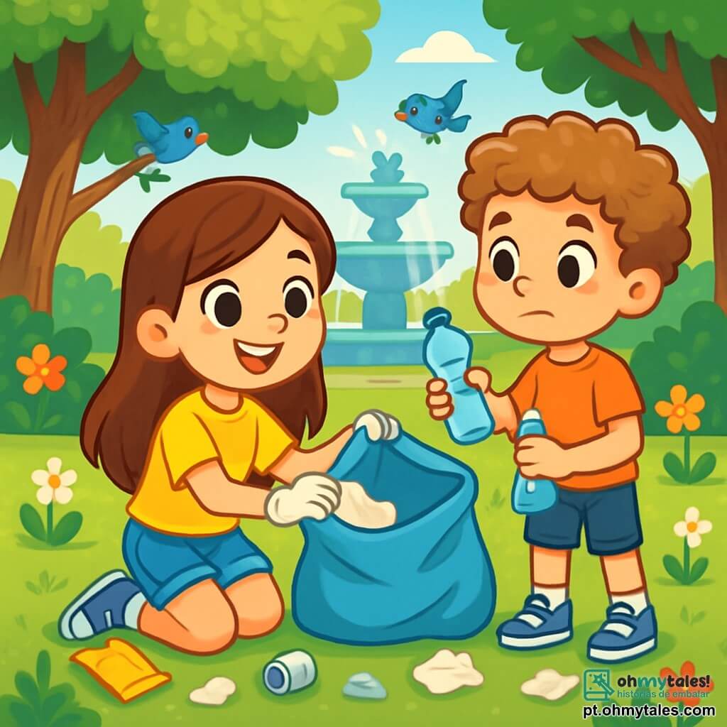 Uma menina de 8 anos, Clara, com longos cabelos castanhos e olhos brilhantes de curiosidade, sorri alegremente enquanto coleta lixo em um parque verdejante. Ela usa uma camiseta amarela vibrante e um short de jeans, e está de joelhos na grama, segurando uma grande sacola plástica para colocar o lixo. Ao lado dela, seu amigo João, um menino de 8 anos com cabelos cacheados e pele clara, segura uma garrafa plástica que acabou de encontrar, com uma expressão determinada no rosto. O parque está cheio de flores coloridas, árvores majestosas e uma bonita fonte no centro, onde pássaros cantam alegremente. Raios de sol filtram através das folhas, criando uma atmosfera calorosa e acolhedora. A cena principal mostra Clara e João em plena ação, cercados de lixo, limpando o parque com entusiasmo, ilustrando seu compromisso em proteger a natureza e em embelezar seu ambiente.
