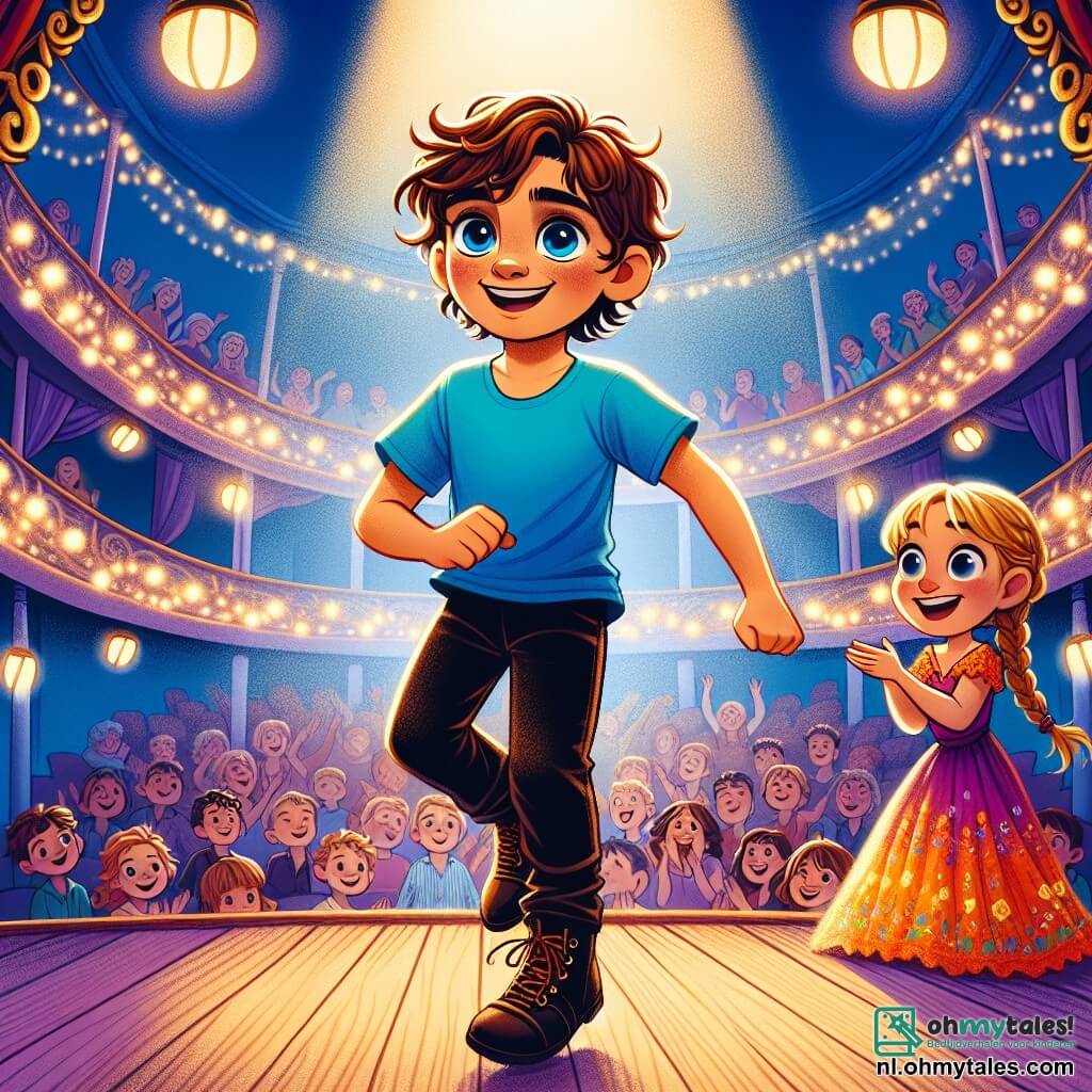 Een 12-jarig jongen, Lucas, met rommelig bruin haar en sprankelende ogen van vastberadenheid, danst op een houten podium, zijn gezicht straalt van vreugde en concentratie. Hij draagt een felblauw t-shirt en zwarte broek, zijn voeten bewegen gracieus en vangen de energie van de muziek. Naast hem moedigt Emma, een 12-jarig meisje met gevlochten blond haar en een bemoedigende glimlach, hem aan vanaf de rand van het podium, gekleed in een kleurrijke jurk die lichtjes draait met de wind. Op de achtergrond is het theater vol enthousiaste toeschouwers, met fonkelende lichten die het podium verlichten en een feestelijke sfeer creëren. De belangrijkste situatie toont Lucas midden in zijn dans, waarbij hij zijn passie en vreugde uitdrukt, terwijl Emma enthousiast aanmoedigt en het publiek luid applaudisseert.
