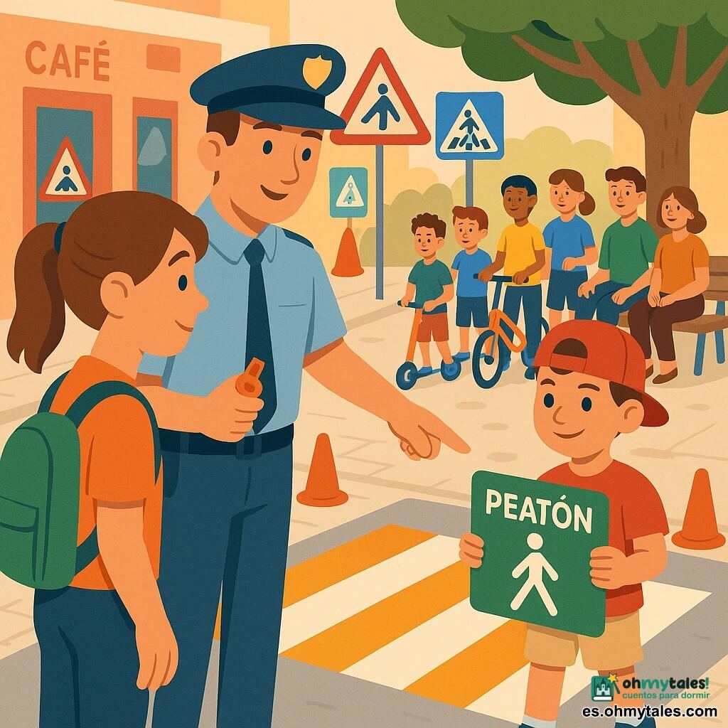 Un policía de unos treinta años, pelo corto castaño, rostro sonriente y tranquilo, con uniforme azul claro y chaleco reflectante amarillo, señala el paso de peatones sosteniendo un silbato naranja; junto a él Alba, adolescente de ~14 años con coleta castaña y mochila verde, mira el paso; Nico, ~8 años con gorra roja al revés, sostiene una tarjeta verde “peatón” frente al paso pintado; un grupo mixto de cuatro niños de 11–12 años, algunos en patinete o bici, observa y participa; dos adultos espectadores de 40–50 años sonrientes están a la sombra de un plátano a la derecha; escena en una calle de barrio con pavimento claro, aceras amplias, paso de peatones recién pintado en blanco y amarillo, conos naranjas y paneles educativos frente a una cafetería-heladería; taller lúdico “Misión Cebra” sobre seguridad vial, ambiente relajado, colores vivos, formas geométricas simples, contornos finos, luz suave de primera tarde y composición centrada en el paso y el policía.