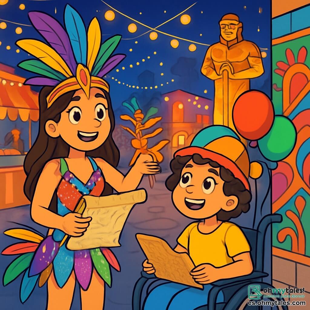Hay 2 personajes principales: - Lilia: una niña de 11 años, con largos cabellos castaños y ojos brillantes. Lleva un hermoso disfraz de carnaval de colores vivos, adornado con lentejuelas y plumas. Está de pie, sonriendo, sosteniendo un viejo pergamino en sus manos. - Sofía: una niña de 11 años, con cabello corto y rizado, que lleva un colorido sombrero de payaso. Está sentada en su silla de ruedas, rodeada de globos multicolores, y mira a Lilia con entusiasmo. El lugar se desarrolla en el corazón de una plaza animada del carnaval, llena de decoraciones brillantes: guirnaldas de luces centelleantes, puestos de comida colorida y bailarines con trajes llamativos que giran y danzan. Al fondo, una gran estatua dorada, el Guardián del Carnaval, se erige majestuosamente, iluminada por faroles. La situación principal muestra a Lilia y Sofía en plena búsqueda de un tesoro escondido, con Lilia señalando una antigua pared decorada con frescos coloridos, mientras Sofía examina atentamente un viejo mapa. La atmósfera es alegre y festiva, llena de risas y música, capturando el espíritu del carnaval.