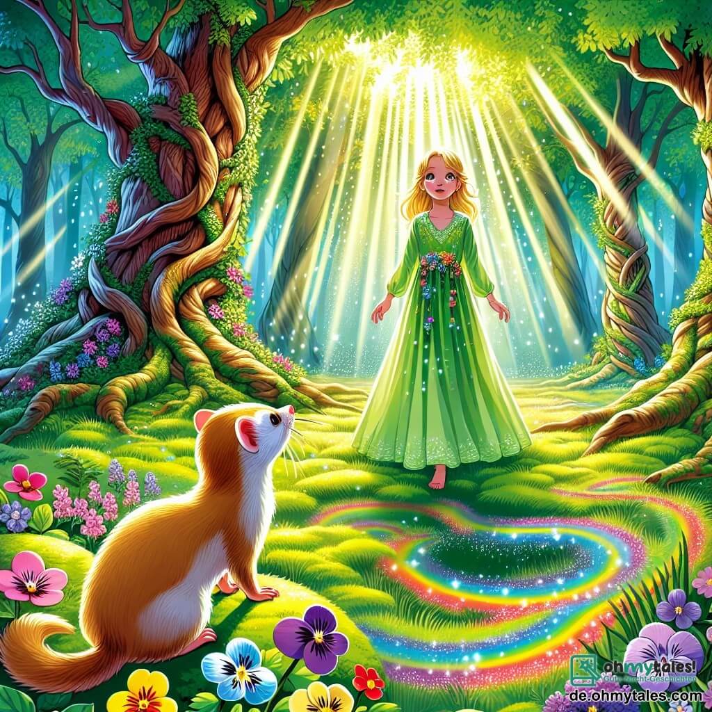 Elara, eine junge Frau mit goldenem Haar, steht im Mittelpunkt der Szene, ihr Gesicht strahlt Mut und Entschlossenheit aus. Sie trägt ein leichtes grünes Kleid, verziert mit bunten Blumen, und ihre Augen leuchten voller Hoffnung, während sie einen geheimnisvollen Regenbogen-Wasserbrunnen vor sich betrachtet. Neben ihr steht ein kleiner, leuchtend roter Frettchen, ihr treuer Begleiter, der auf seinen Hinterbeinen steht, mit aufgerichteten Ohren, bereit, ihr bei ihrer Suche zu helfen. Die Szenerie ist eine verzauberte Lichtung, umgeben von hohen, knorrigen Bäumen mit leuchtend grünen Blättern, während Lichtstrahlen durch das Blätterdach filtern und tanzende Schatten auf den moosbedeckten Boden werfen. Bunte Blumen wie Veilchen und Gänseblümchen streuen den Boden und verleihen der Umgebung einen Hauch von Magie. Die Hauptsituation zeigt Elara, mutig, wie sie sich dem magischen Wasserbrunnen nähert, bereit, die Frage zu stellen, die das Geheimnis des Waldes enthüllen könnte. Die Atmosphäre ist voller Geheimnis und Aufregung, während der sanfte Wind die Blätter um sie herum tanzen lässt, als ob die Natur selbst gespannt auf die bevorstehende Enthüllung wartet.