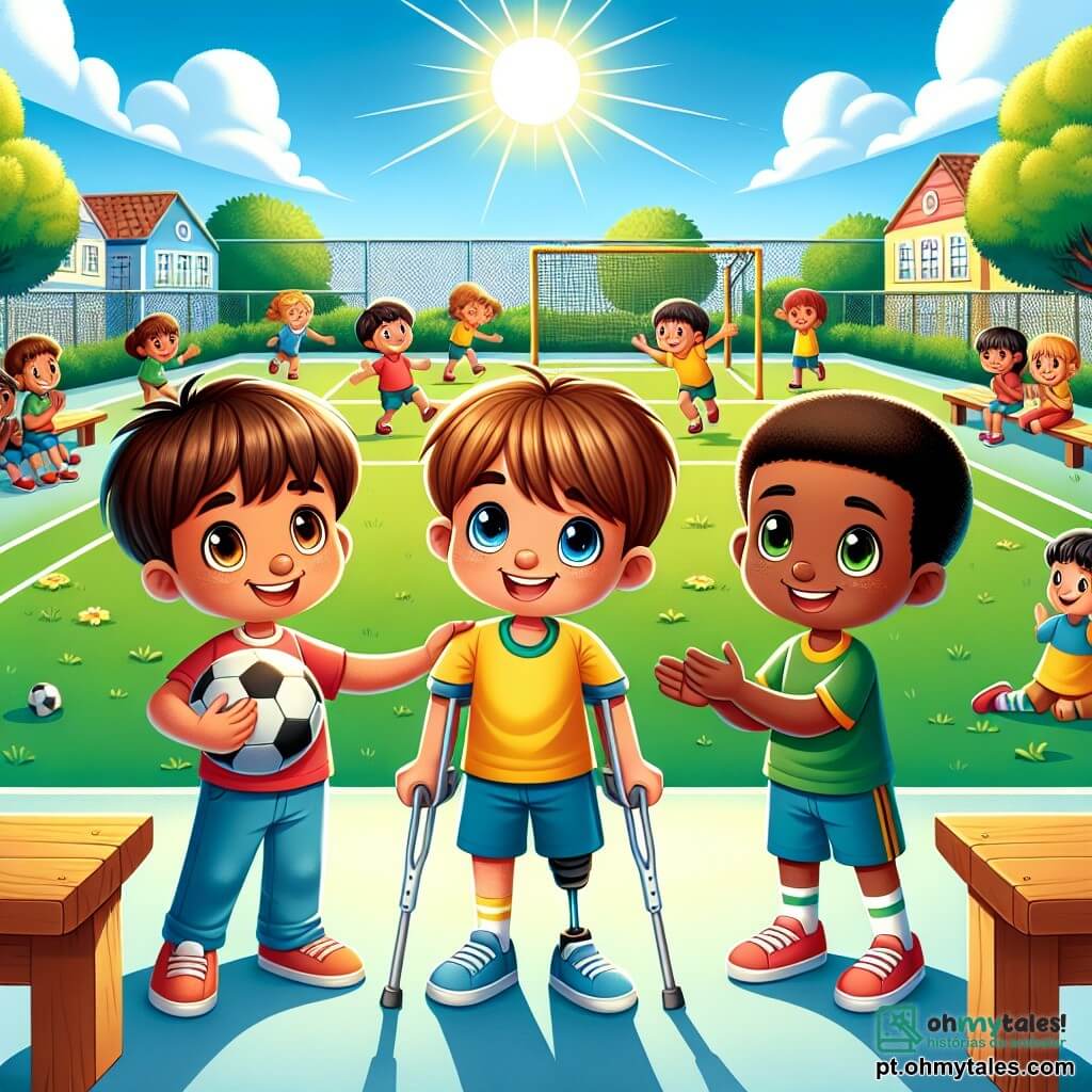 Em um pátio ensolarado da escola, três meninos estão juntos. Lucas, um garoto de 10 anos com cabelos castanhos e olhos brilhantes, sorri alegremente segurando uma bola de futebol. Ao seu lado, Tomás, um menino de 10 anos com cabelos castanhos e pele clara, usa uma bengala para se apoiar, exibindo um sorriso tímido, mas feliz. Por fim, João, um garoto de 10 anos com cabelos negros e pele morena, aplaude entusiasticamente, com os braços levantados em sinal de incentivo. O pátio está cheio de cores vibrantes: árvores verdes, bancos de madeira e crianças brincando ao longe. O céu é de um azul radiante, salpicado de algumas nuvens brancas. A cena mostra Tomás, que acabou de terminar uma corrida de revezamento, recebendo aplausos e incentivos de seus amigos. Os rostos dos meninos irradiam alegria e camaradagem, ilustrando a tolerância e a aceitação das diferenças.
