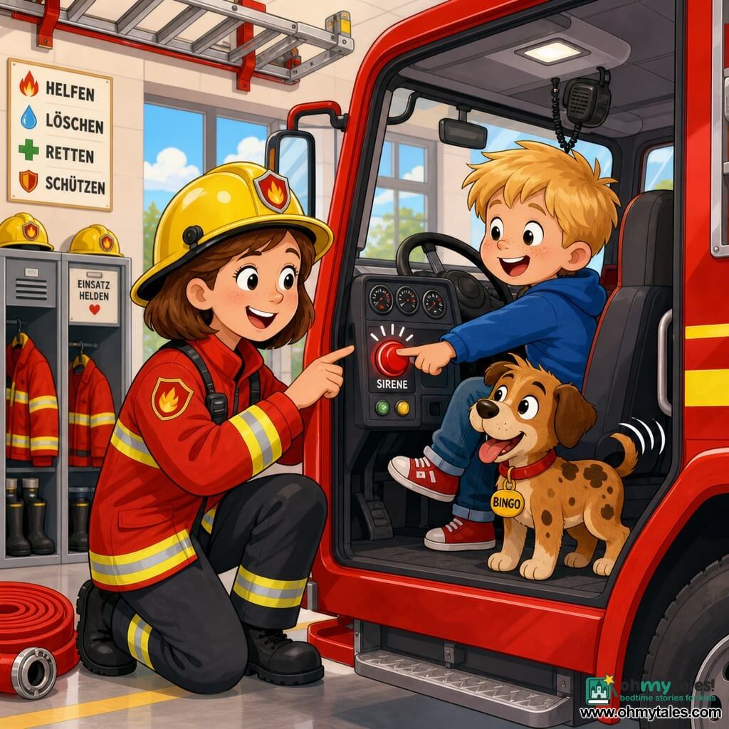 A smiling, confident female firefighter with short brown hair under a shiny yellow helmet, wearing a red reflective jacket and black boots, kneels to show a fire truck dashboard to a laughing blond boy of about five who sits in the driver's seat pressing the siren button while Bingo, a small brown spotted dog, wags his tail on the floor; the bright fire station interior shows a polished red truck, coiled hoses, a ceiling ladder and open lockers, and the scene is a joyful learning moment with soft light, vivid colors, clear style, bold lines and exaggerated expressions for young children.