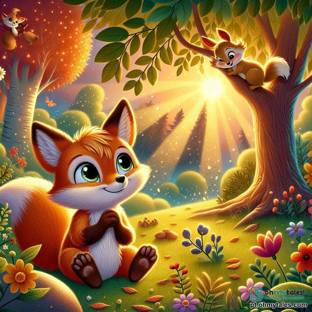 No centro da imagem, um pequeno raposo chamado Hugo, com pelagem ruiva brilhante e grandes olhos brilhantes, está sentado sob uma árvore, exibindo um sorriso doce e sonhador. Ele parece curioso e sereno, com as orelhas ligeiramente levantadas, enquanto imagina seu mundo mágico. Ao seu lado, Noah, um pequeno esquilo de pelagem castanho claro e cauda espessa, está subindo em um galho, com os olhos brilhando de excitação. Ele olha para Hugo com admiração, pronto para ouvir suas histórias. Mais adiante, Lila, uma linda esquila fêmea com pelagem dourada e olhos travessos, está sentada em uma pedra, com as mãos nos joelhos, exibindo um sorriso caloroso e atento. O cenário é uma clareira encantada, banhada pela luz dourada do sol poente, com flores coloridas dançando suavemente ao vento e árvores majestosas com folhas verdes. O chão está coberto de folhas e pequenas flores, criando uma atmosfera pacífica e mágica. Nesta cena, Hugo compartilha com seus amigos seu mundo imaginário, onde se sente forte e feliz, enquanto Noah e Lila o escutam com admiração, criando um momento de conexão e amizade no coração da floresta.