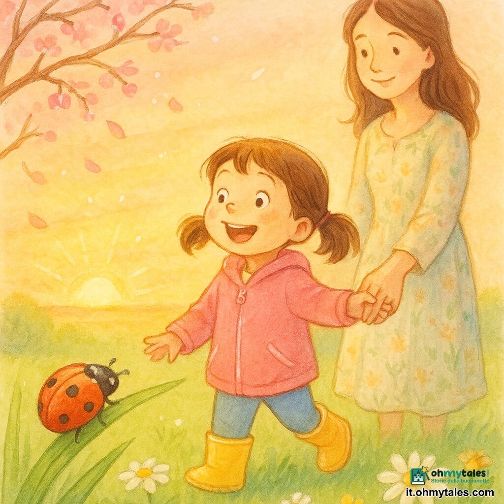 Una bambina di 4 anni, felice e meravigliata, occhi luminosi e sorriso ampio, capelli castani in codini, giacchetta rosa e stivaletti gialli, tiene la mano della mamma mentre guardano l’alba in un giardino primaverile; la mamma (circa 30 anni), calma e sorridente, capelli castani sciolti e abito leggero a fiori, è leggermente dietro a tenerle la mano; una coccinella rossa a pois neri si posa su una lama d’erba vicina, a sinistra un ciliegio con boccioli rosa e qualche petalo che svolazza, prato rasato punteggiato di margherite bianche e piccoli fiori gialli in primo piano, cielo sfumato dal dorato all’arancio al rosa pallido con luce mattutina; scena tenera e pacifica centrata sulle mani congiunte e sul volto stupefatto della bambina.