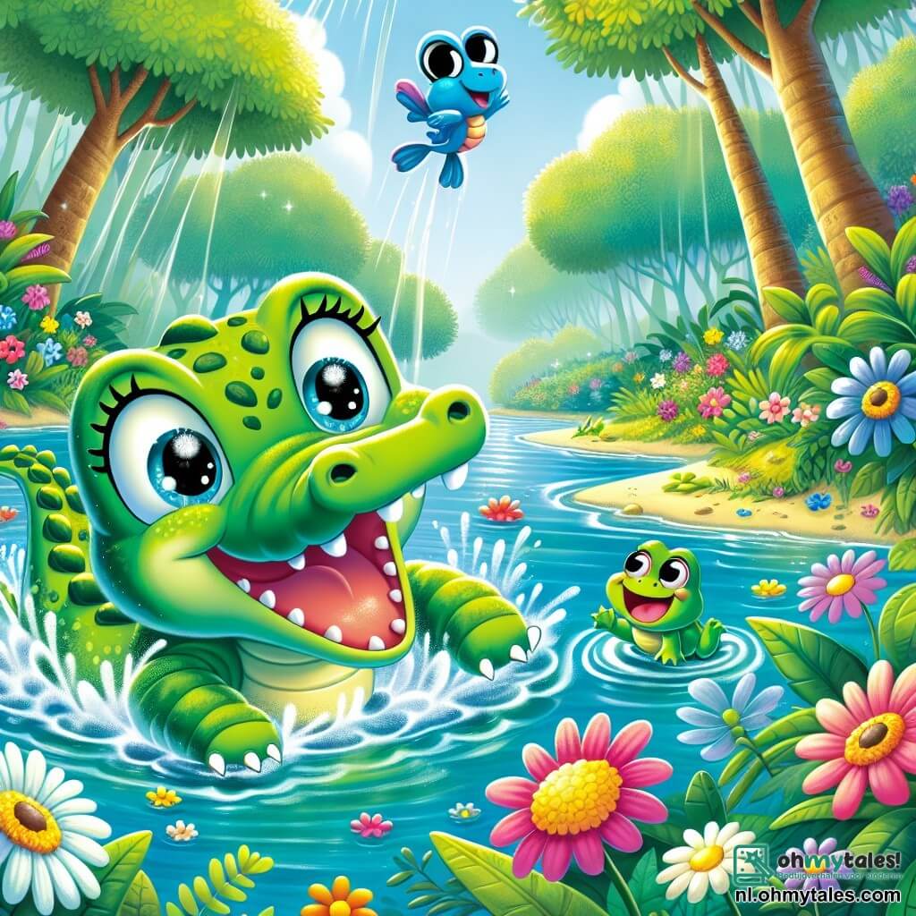 Kiki, de blije groene krokodil met grote sprankelende ogen en een brede glimlach, zwemt in een glinsterende rivier, omringd door kleurrijke bloemen. Ze lijkt opgewonden en vol energie, klaar voor avontuur. Naast haar springt een kleine blauwe vis met glanzende schubben van blijdschap, en een groene kikker met grote ronde ogen, die op een blad zit en enthousiast Kiki aanmoedigt. De scène speelt zich af in een weelderig bos, waar grote bomen met dikke stammen naar de lucht reiken en zonnestralen door het loof filteren, waardoor de rivier die zachtjes kronkelt verlicht wordt. Kiki en haar vrienden bereiden zich voor om op avontuur te gaan om de mooiste bloemen van het Verre Bos te vinden, met blije en opgewonden gezichten, klaar om samen te springen en te verkennen.