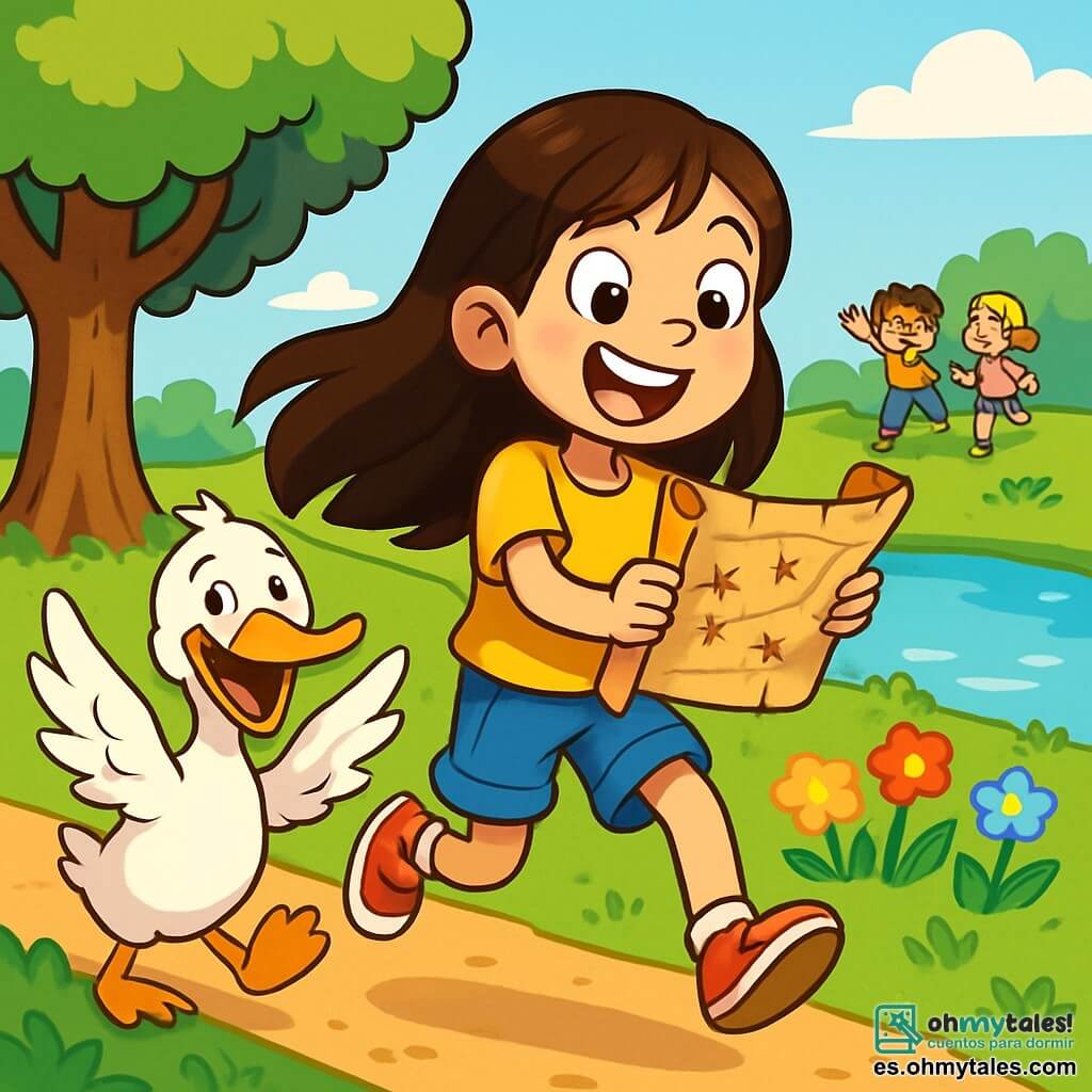 Una niña de 10 años, llamada Sofía, con largos cabellos castaños y ojos llenos de curiosidad, lleva una camiseta amarilla brillante y un short de mezclilla. Está saltando de alegría, con una gran sonrisa en el rostro, sosteniendo un viejo rollo de mapa en sus manos. A su lado, un pato grande y curioso con plumas blancas y amarillas, con un aire travieso, parece animarla batiendo sus alas. El escenario es un parque soleado, con un gran roble de follaje verde, un camino de tierra bordeado de flores coloridas y un estanque brillante cerca. Al fondo, niños juegan y ríen, añadiendo una atmósfera alegre a la escena. Sofía, llena de entusiasmo, está a punto de resolver un misterio buscando un tesoro escondido, rodeada de la magia y la aventura que la esperan.