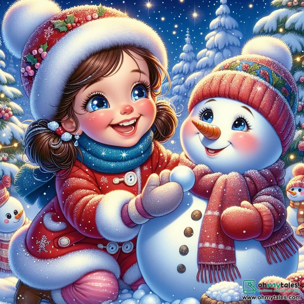 A 5-year-old girl, Lucy, with big sparkling eyes and a bright smile, is wearing a red jacket with white buttons, a blue hat, and soft mittens. She is building a snowman, her cheeks rosy from the cold and her face radiating joy. Next to her, her mother, a woman in her 30s with brown hair in a bun and a black coat, helps her roll a big snowball, smiling proudly at her daughter. The setting is a magical winter garden, covered in a thick layer of sparkling snow, with trees laden with snow and a light blue sky sprinkled with falling snowflakes. The scene shows Lucy and her mother actively laughing and having fun as they decorate their snowman with stones for eyes and a carrot for the nose, creating a warm and joyful moment in the heart of winter.