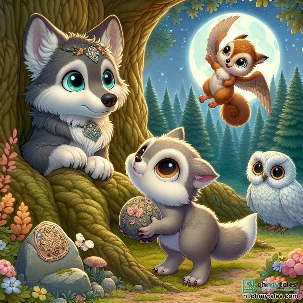 Lupo, een kleine wolf met stralende ogen en een zachte vacht als een wolk, staat onder een grote eik, zijn gezicht vol melancholie en zachtheid. Hij kijkt naar de sterrenhemel, met een sprankje hoop in zijn ogen, terwijl hij een steen versierd met bloemen vasthoudt, symbool voor de liefde die hij voor zijn moeder voelt. Naast hem klimt Squeak, een klein eekhoorntje met een bruine vacht en sprankelende ogen, op een tak en kijkt Lupo aan met een ondersteunende en begripvolle uitdrukking, klaar om hem aan te moedigen. Olijf, een wijze uil met witte veren en grote ronde ogen, zit op een andere tak en kijkt Lupo vriendelijk aan, alsof ze hem haar wijsheid en troost wil overbrengen. De scène speelt zich af in een vredige open plek, verlicht door het zachte licht van de maan, omringd door majestueuze bomen en kleurrijke bloemen die zachtjes dansen in de nachtelijke wind. Lupo, die zijn moeder eer bewijst, legt de steen op een klein altaar dat hij heeft gemaakt, terwijl hij terugdenkt aan de mooie herinneringen die ze samen hebben gedeeld, en zijn verdriet omvormt tot een mooie viering van het leven en de liefde.