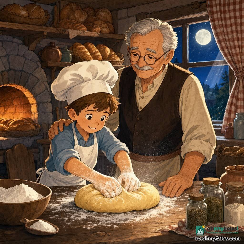 Un băiat, Vlăduț, zâmbitor și concentrat, cu mâinile acoperite de făină, purtând un șorț alb și o bonetă rotundă, frământă un mare aluat auriu pe o masă de lemn uzată, iar bunicul Ion, cu păr grizonant și ochelari rotunzi, zâmbește afectuos și îi pune o mână pe umăr; brutăria mică și primitoare are rafturi din lemn pline de pâini aurii, un cuptor de piatră cu o licărire portocalie, un perdea în carouri și borcane cu condimente și făină, iar noaptea, lumina blândă a lunii pătrunde pe fereastră și face ca praful de făină să strălucească, creând o atmosferă tandră și liniștită.