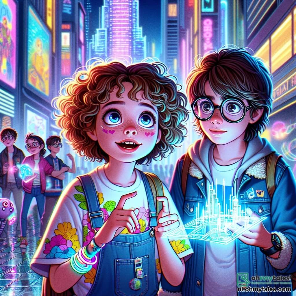 Op de voorgrond staat een 11-jarig meisje, Lila, met glanzend, lichtbruin krullend haar, een kleurrijk t-shirt en lichtgevende sneakers. Haar gezicht straalt nieuwsgierigheid en opwinding uit terwijl ze naar een enorm futuristisch gebouw kijkt. Haar ogen schitteren van verwondering en ze houdt een klein gadget vast dat ze heeft gemaakt, klaar om te verkennen. Naast haar staat haar beste vriend Sam, een 12-jarige jongen met ronde bril en verward haar, gebogen over een holografische kaart. Hij draagt een spijkerjack en een t-shirt met robotmotieven. Zijn uitdrukking is geconcentreerd, wat zijn enthousiasme voor hun volgende avontuur laat zien. De achtergrond speelt zich af in het hart van Neonstad, een futuristische stad met gebouwen die schitteren van felle lichten en vliegende voertuigen die door de lucht glijden. De straten zijn geplaveid met lichtgevende tegels en kleurrijke hologrammen zweven in de lucht, wat een magische en dynamische sfeer creëert. De hoofdscène toont Lila en Sam voor de ingang van een mysterieus gebouw, "Neon Innovaties", met een holografische deur die van kleur verandert. Ze staan klaar om naar binnen te gaan, hun gezichten verlicht door het neonlicht, vol ongeduld om de geheimen die zich daar verbergen te ontdekken.