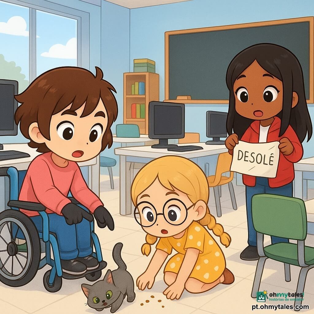 Três meninas investigam um pequeno mistério em uma sala de informática escolar iluminada: Lara, 10 anos, cabelos castanhos curtos com uma mecha rebelde, sobrancelhas expressivas, em cadeira de rodas azul-claro à esquerda, inclinada sobre uma mesa de computador apontando um fio puxado com o dedo enluvado; Sofia, 9 anos, cabelos loiros em tranças e óculos redondos, agachada ao centro recolhendo migalhas de biscoito; Beatriz, 10 anos, cabelos pretos longos, de pé à direita atrás de uma cadeira, mostrando um papel amassado meio desdobrado com a palavra "désolé". Um gatinho cinza de olhos verdes passa entre as mesas causando a bagunça. Paredes azul-claro, grandes janelas, mesas brancas, cadeiras coloridas, cabos pendentes, teclados e telas apagados, migalhas no chão e um canto com quadro-negro e prateleira de materiais, atmosfera curiosa e alegre, cores vivas e poses dinâmicas.