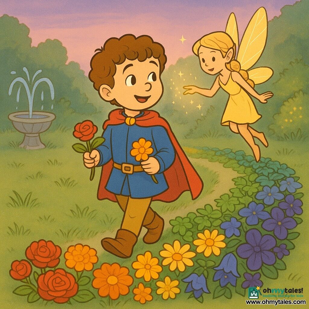 The prince is an about-8-year-old boy with curly brown hair, big bright eyes and a round smiling face, happily walking and picking colorful flowers; Fairy Lila is a small luminous female fairy with a slim figure, translucent golden wings and a blonde braid, flying near the prince and sprinkling magical glitter; giant flowers form a rainbow path—red roses, orange marigolds, yellow daisies, green ivy and blue to deep violet bellflowers—with velvety petals; the setting is an enchanted grassy clearing with a sparkling fountain to the left, glowing bushes and a pastel twilight sky; main scene: the prince follows the flower path looking at the fairy in wonder while she shows the way with sparkling dust, soft mood, warm colors and delicate contrasts.
