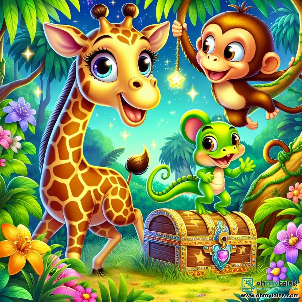 A giraffe named Geraldine, with an elegant long neck and golden spots on her fur, displays a look of wonder and curiosity, her eyes shining with excitement. She stands in a lush jungle, surrounded by large green leaves and bright flowers. Beside her is a mischievous little monkey named Benny, with brown fur and playful eyes, joyfully swinging from branch to branch, laughing heartily. Nearby, a vivid green lizard named Larry, with shimmering scales, observes with intrigue, holding a colorful gadget in his small paws. The scene takes place in a magical clearing, bathed in moonlight, where an old wooden chest, adorned with animal patterns, is half-buried in the ground, surrounded by colorful flowers. Geraldine, Benny, and Larry are discovering the hidden treasure together, their faces lit up with joy and wonder, ready for a new adventure.