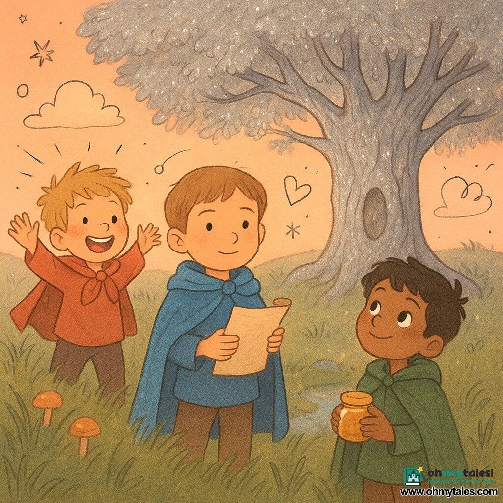 Three boys: Tom (5), calm, short light-brown hair, serene face, wearing a blue scarf cape, center front holding a small rolled map; Sam (5), lively, messy blond hair, wide smiling mouth, red scarf cape, left of Tom applauding and offering a colorful braided ribbon to a low branch; Ben (5), dreamy, dark brown hair, bright eyes, green worn-fabric cape, right of Tom holding a small jar of honey and looking at the tree. Setting: atop a grassy hill at dusk beneath a large Silver Oak with shimmering metal-like leaves, textured hollow silver bark with a small glowing hole at the base, tall swaying grass, glowing mushrooms around the roots, a pastel pink-orange sky with soft clouds and a small wet clearing where a stream gleams in the background. Main scene: the boys gathered before the Silver Oak—Tom showing the map, Sam reaching a ribbon to a branch, Ben smiling with the honey jar; the tree reveals a small bright silver mirror reflecting luminous faces; warm and silver tones, dim lighting with light patches among the leaves; childlike illustrative style with rounded lines, paper textures and a doodle overlay (arrows, small stars, handwritten notes) around the characters.