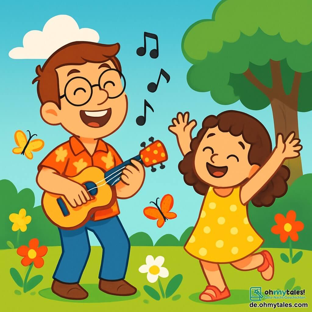Ein fröhlicher Mann, Tom, mit braunen Haaren und runden Brillen, lächelt breit, während er auf seiner kleinen bunten Gitarre spielt. Er trägt ein blumenbedrucktes Hemd und eine blaue Hose und singt begeistert mit funkelnden Augen. Neben ihm tanzt ein kleines Mädchen, Mia, etwa 7 Jahre alt, mit hübschen braunen Locken und einem großen Lächeln im Takt, die Arme zum Himmel erhoben. Sie trägt ein gelbes gepunktetes Kleid und rosa Sandalen. Die Szene spielt in einem sonnigen Garten, gefüllt mit bunten Blumen und schimmernden Blütenblättern, während Schmetterlinge umherflattern. Ein großer schattiger Baum steht im Hintergrund, und der Himmel ist strahlend blau mit einigen flauschigen weißen Wolken. Tom und Mia singen zusammen ein fröhliches Lied über die Schönheit der Natur und teilen ihr Glück mit den Nachbarn. Ihre strahlende Energie und Verbundenheit erhellen die Atmosphäre und schaffen einen magischen Moment von Musik und Freundschaft.