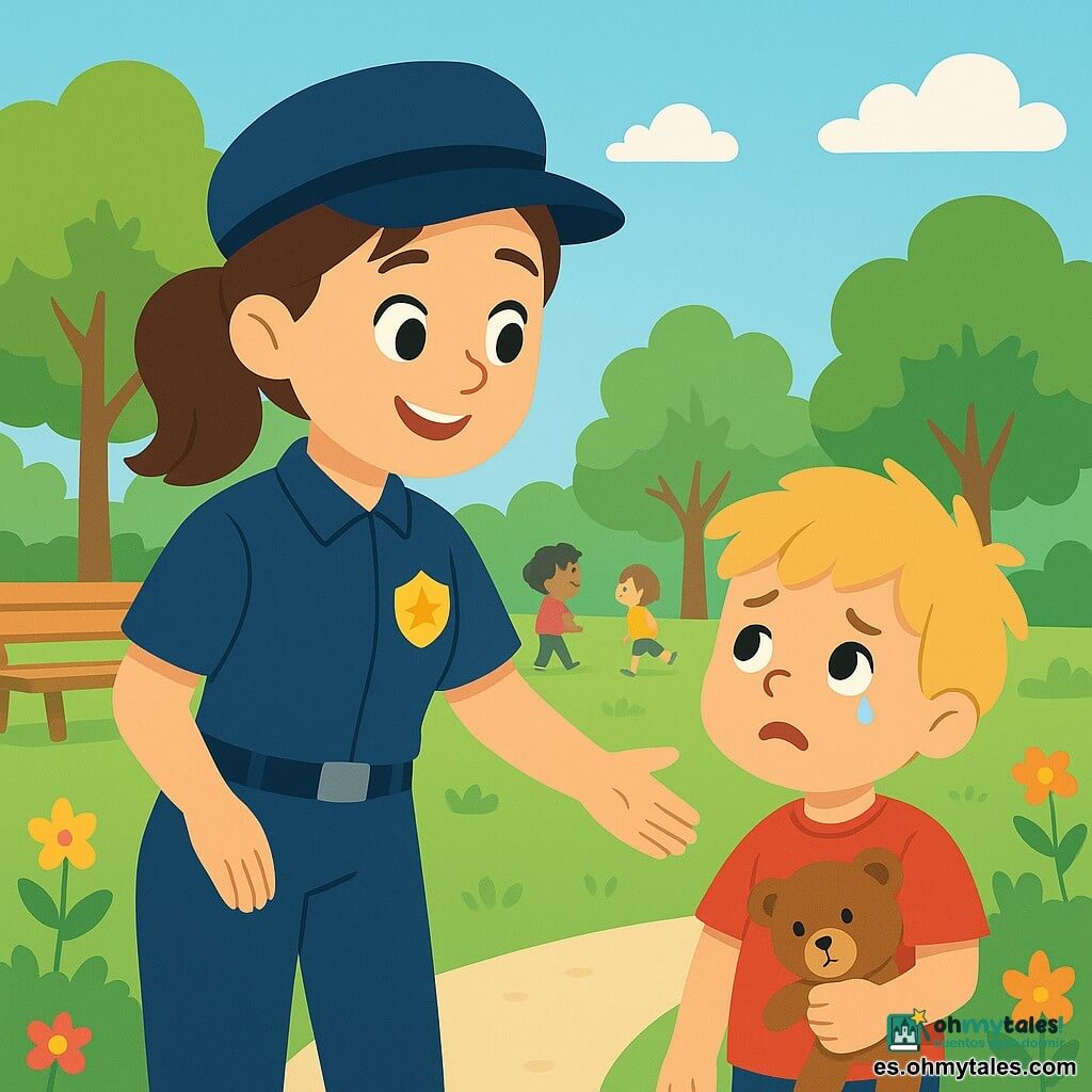 Una policía sonriente, Ana, está de pie en un parque verde. Lleva un uniforme azul con un logotipo brillante en el pecho. Su cabello castaño está recogido en una coleta, y sus ojos brillan con amabilidad. Extiende la mano hacia un niño pequeño que llora, reconfortándolo con una cálida sonrisa. El niño, de unos 5 años, tiene el cabello rubio desordenado y lleva una camiseta roja. Mira a Ana con ojos llenos de esperanza, sosteniendo un juguete de peluche en sus brazos. Detrás de ellos, el parque está lleno de árboles frondosos y flores coloridas. Hay bancos de madera dispersos y niños jugando a lo lejos. Un cielo azul claro se extiende arriba, salpicado de algunas nubes blancas. La situación principal muestra a Ana ayudando al niño a encontrar a su mamá. Ella habla suavemente, tranquilizándolo, mientras él se siente cada vez más seguro a su lado.
