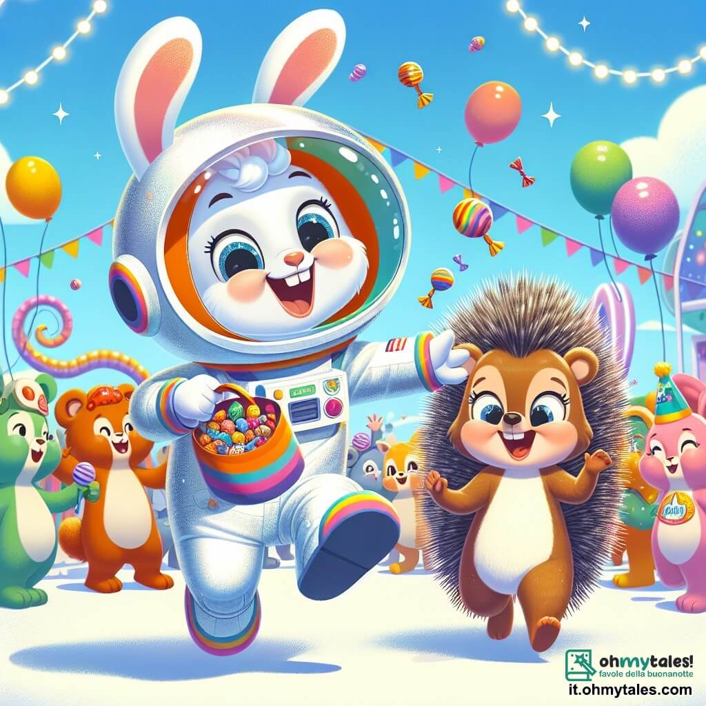 Un coniglietto bianco di nome Baffo, con grandi orecchie e un sorriso splendente, indossa un costume da astronauta fatto di cartone lucido. Salta di gioia, tenendo un sacco pieno di caramelle colorate, con gli occhi scintillanti di eccitazione. Accanto a lui c'è Pina, l'istrice, con il suo dorso appuntito e occhiali rotondi, che sorride agitando una piccola bandiera colorata. La scena si svolge in una piazza animata, decorata con palloncini multicolori e festoni scintillanti, dove animali in costume ballano e ridono sotto un cielo blu soleggiato. Al centro, Baffo e Pina partecipano a un concorso di costumi, circondati da amici felici, tutti entusiasti di festeggiare il carnevale.