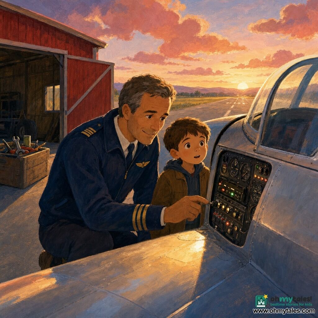 About 45-year-old male pilot with a kind smiling face and calm hands, wearing a navy pilot jacket with gold insignia, kneeling by the wing of a small silver plane inspecting instruments; Sam, an 8-year-old boy with short brown hair and curious wide eyes, stands by the cockpit watching the small indicator lights; an open red hangar with a few tools on a wooden crate and a gray asphalt runway stretching to the horizon; golden morning sky with soft pink clouds and low warm light casting long shadows and bright reflections on the wing; a calm pre-flight check showing small blinkers, analog gauges and a radio with lights; textured gouache style with visible brushstrokes, saturated-but-soft palette (navy, gold, silver gray, sky pink) and slightly blurred contours for a tender, reassuring atmosphere.