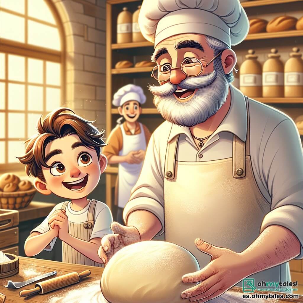 Don Julián, un hombre de mediana edad con una barba gris bien cuidada y gafas redondas, sonríe calurosamente mientras amasa una gran bola de masa en su panadería. Lleva un delantal blanco manchado de harina y ropa sencilla, y su rostro expresa alegría y pasión por su oficio. A su lado, Felipe, un niño de 10 años con el cabello castaño desordenado y ojos llenos de curiosidad, observa con asombro. Sostiene una pequeña espátula de madera y se pone de puntillas para ver mejor, mostrando una gran sonrisa. Lucía, una niña de 9 años con largas trenzas y un gorro de chef, está un poco apartada, preparando ingredientes en una mesa de madera. Mira a Don Julián con admiración, lista para ayudar. La escena transcurre en una panadería acogedora, llena de luz dorada, con estantes cargados de panes crujientes y pasteles coloridos. El aroma del pan fresco llena el aire, y decoraciones en forma de pan adornan las paredes. La situación principal muestra a Don Julián enseñando a Felipe y Lucía cómo hacer pan, con risas y gestos entusiastas, creando una atmósfera alegre y amigable.