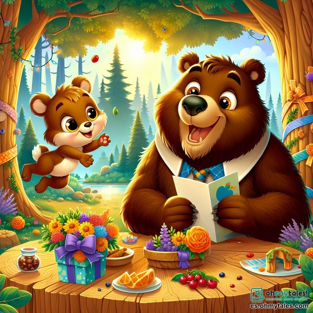 Un pequeño oso marrón llamado Bruno, con un pelaje suave y ojos brillantes de alegría, está en el centro de una mesa de madera hecha de troncos de árboles, sonriendo con emoción mientras presenta una tarjeta colorida a su papá. A su lado, su padre, un gran oso pardo de pelaje marrón oscuro, con una mirada tierna y orgullosa, está sentado, sorprendido y emocionado, con los ojos brillantes de felicidad. El escenario es un encantador rincón del bosque, bañado por la luz dorada del sol poniente, con árboles majestuosos rodeando la escena, flores coloridas esparcidas por el suelo y bayas jugosas sobre la mesa. La situación principal muestra a Bruno celebrando el Día del Padre, rodeado de sus amigos: una pequeña ardilla de ojos vivos llamada Chispa, que se afana en decorar la mesa con flores, y un alegre conejo llamado Salto, que sostiene un gran cartel de "Feliz Día del Padre" mientras salta alrededor de ellos, todos llenos de alegría y emoción.