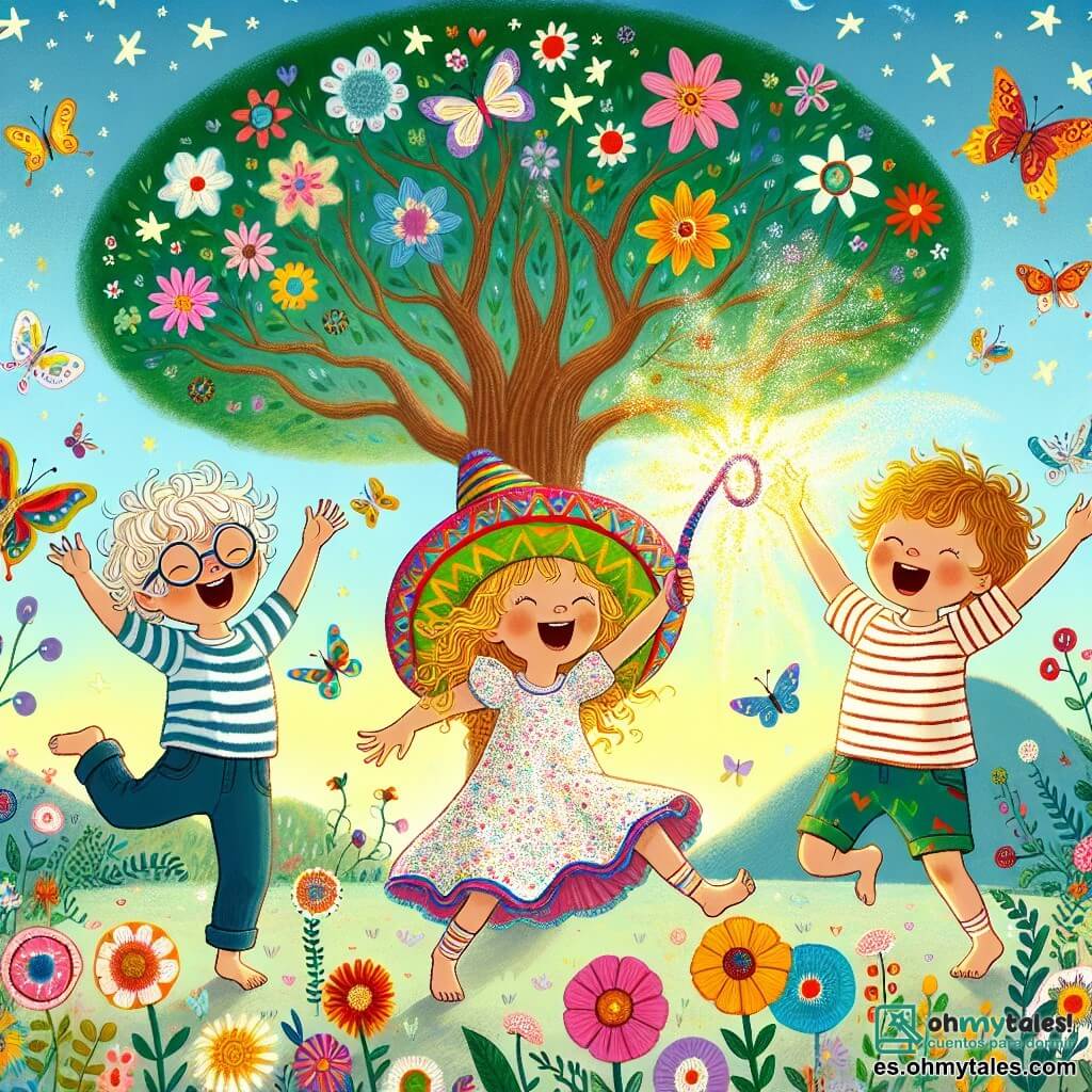 En un jardín encantado, tres amigos se divierten: Lili, una niña de 7 años con cabello rizado y un vestido colorido, baila alegremente en el centro, llevando un gran sombrero mágico que brilla intensamente. A su derecha, Tomi, un niño de 6 años con gafas redondas y una camiseta a rayas, canta como un pajarito, con los brazos levantados hacia el cielo. A su izquierda, Pipo, un niño de 7 años con cabello rubio desordenado y un pantalón corto con estampados, ríe a carcajadas tratando de seguir el ritmo de Lili. El jardín está lleno de flores brillantes de todos los colores, con mariposas volando alrededor y un gran árbol al fondo cuyas ramas se extienden como brazos acogedores. El sol brilla, creando una atmósfera alegre y mágica. La escena muestra a Lili, Tomi y Pipo bailando y cantando juntos, rodeados de risas y colores, mientras el sombrero mágico emite chispeantes destellos, añadiendo un toque de fantasía a su alegre aventura.