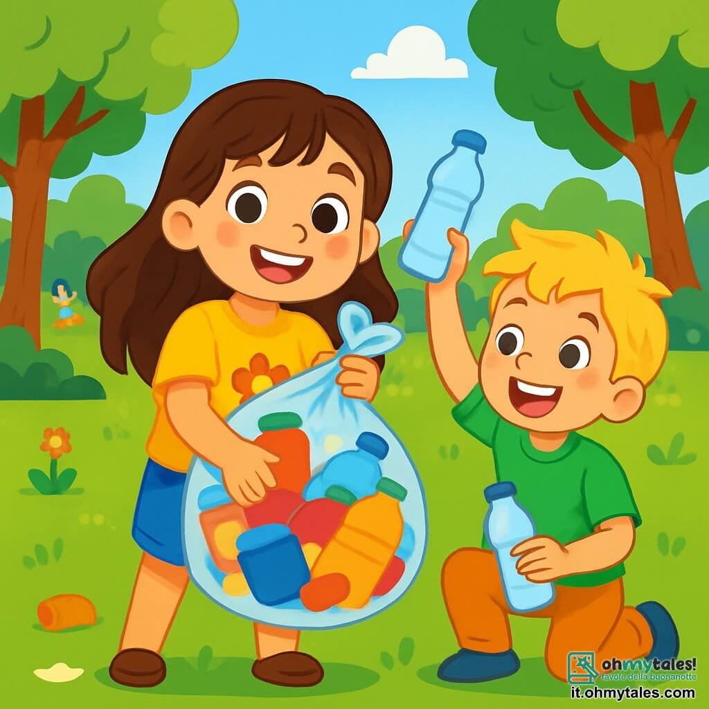 Una bambina di 6 anni, con lunghi capelli castani e occhi scintillanti di gioia, sorride ampiamente tenendo un grande sacchetto di plastica pieno di rifiuti colorati appena raccolti nel parco. Indossa una maglietta gialla con un disegno di fiore e dei pantaloni corti di jeans, e sembra orgogliosa ed entusiasta. Accanto a lei, un ragazzo di 7 anni, con capelli biondi disordinati e una maglietta verde, la aiuta a raccogliere rifiuti, ridendo e mostrando una bottiglia di plastica che ha trovato. Sullo sfondo, un parco verdeggiante è pieno di alberi maestosi, fiori colorati e un cielo blu splendente, con bambini che giocano sulle altalene e famiglie che fanno picnic sull'erba. La scena mostra la bambina e il suo amico mentre puliscono il parco, circondati da risate e buonumore, illustrando l'importanza di prendersi cura dell'ambiente.