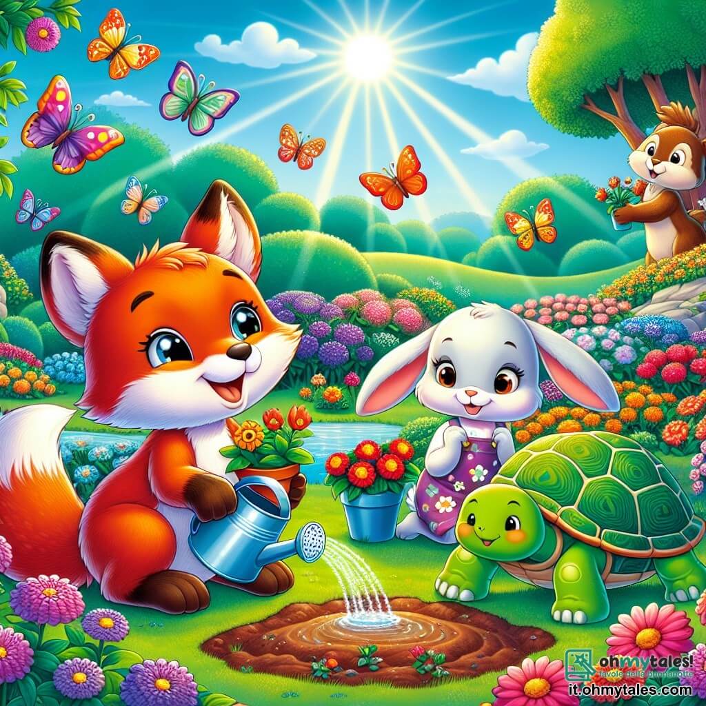 Rocco, un piccolo volpe dai peli rossi brillanti e dagli occhi pieni di curiosità, salta felicemente in un giardino colorato, circondato da fiori vivaci di tutte le tonalità. Bianca, un adorabile coniglio bianco con grandi orecchie, è seduta accanto a Rocco, con un grande sorriso sul volto, mentre tiene un piccolo vaso di terra tra le zampe anteriori. Tina, una tartaruga con un guscio verde decorato, si piega per annaffiare i fiori con un piccolo annaffiatoio, mostrando un'espressione concentrata. Leo, un piccolo scoiattolo dai peli marroni e dalla coda folta, scala un albero vicino, guardando i suoi amici con aria birichina. Il giardino è un luogo magico, pieno di fiori colorati, farfalle svolazzanti e un cielo blu brillante, con raggi di sole che illuminano la scena. Al centro, Rocco e i suoi amici stanno piantando semi di fiori, ridendo e divertendosi insieme, creando un'atmosfera gioiosa e primaverile.