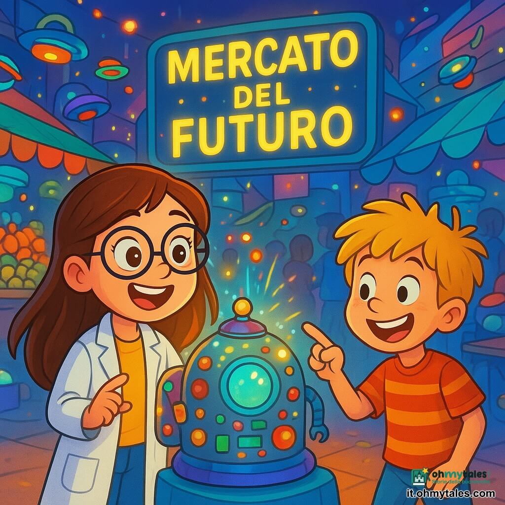 Una ragazza di 8 anni, Matilde, con lunghi capelli castani e occhiali rotondi, guarda con occhi sgranati e meravigliati una macchina del tempo brillante, piena di pulsanti colorati e luci scintillanti. Indossa un camice da scienziato, con un sorriso radioso che illumina il suo volto curioso. Accanto a lei, un ragazzo della sua età, Carlo, con capelli biondi in disordine e una maglietta a righe, indica un robot divertente che fa delle pirouette, ridendo gioiosamente. Si trovano in un mercato futuristico, pieno di bancarelle colorate, frutti dai colori vivaci e gadget strani che fluttuano nell'aria. Il luogo è animato, con luci lampeggianti e suoni di risate, creando un'atmosfera magica e gioiosa. Al centro della scena, Matilde e Carlo sono circondati da visitatori affascinati dagli oggetti straordinari, mentre un grande pannello luminoso annuncia "Mercato del Futuro". La scena principale mostra Matilde, eccitata e pronta a esplorare, mentre la macchina del tempo scintilla dietro di lei, pronta a portarli in una nuova avventura.