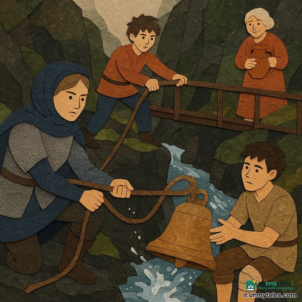 Cavaliere donna Serafina, volto determinato e dolce, armatura leggera a maglia argentata, mantello blu scuro, cicatrice al mento: accovacciata su una sporgenza rocciosa tira con entrambe le mani una corda spessa per liberare una grande campana di bronzo; ragazzo Milo ~13 anni, capelli castani spettinati, teso ma deciso, in alto su un ponte di legno con la corda avvolta attorno a un tronco come freno, guarda Serafina; ragazzo Rino ~16 anni, pastore, capelli corti bagnati, ginocchio fasciato, seduto su una roccia vicina offre la mano per aiutare; donna anziana Lina ~70 anni, volto rugoso ma sorriso caldo, in cima al sentiero osserva sollevata tenendo una brocca di terracotta; luogo: gola stretta e umida, pareti scure con muschio, torrente schiumante sotto, massi scivolosi, corde annodate e attrezzi su pietre bagnate; scena principale: momento drammatico e collaborativo mentre la campana incastrata viene lentamente tirata fuori dall’acqua con spruzzi e raggi di luce che tagliano l’ombra, texture di metallo, legno e pietra; stile visivo: collage carta ritagliata, ritagli netti e strati sovrapposti, colori saturi e contrastati (blu profondo, verde muschio, bronzo caldo), ombre semplici e bordi leggermente irregolari per un effetto artigianale.