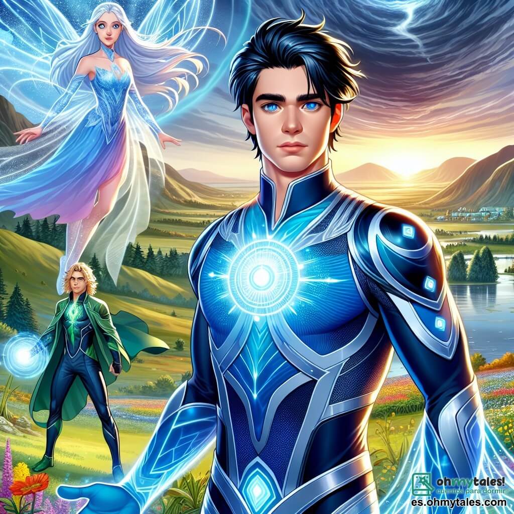 Un hombre superhéroe, Orion, está en el centro de la imagen, con cabello negro brillante y ojos azules luminosos que brillan de energía. Lleva un traje futurista azul y plateado, decorado con patrones luminosos, y muestra una expresión decidida y valiente, listo para defender su mundo. A su derecha, Arcana, una heroína de unos 30 años, con cabello largo y plateado, vestida con un vestido flotante en colores del amanecer, lo observa con una mirada sabia y confiada, con los brazos cruzados. A la izquierda, Zenith, un joven de 25 años, con cabello rubio desordenado y un traje verde brillante, levanta los brazos para controlar el viento, con una expresión de concentración. El lugar es un amplio valle, bañado por la luz de la mañana, con colinas verdes y flores coloridas que bailan bajo la brisa. Al fondo, un vórtice oscuro gira en el cielo, creando una atmósfera de tensión y misterio. La escena principal muestra a Orion concentrado, levantando una mano hacia el vórtice, listo para liberar un poderoso rayo de luz para combatir la entidad maligna que emerge de la sombra, mientras sus aliados están listos para asistirlo en esta batalla decisiva.