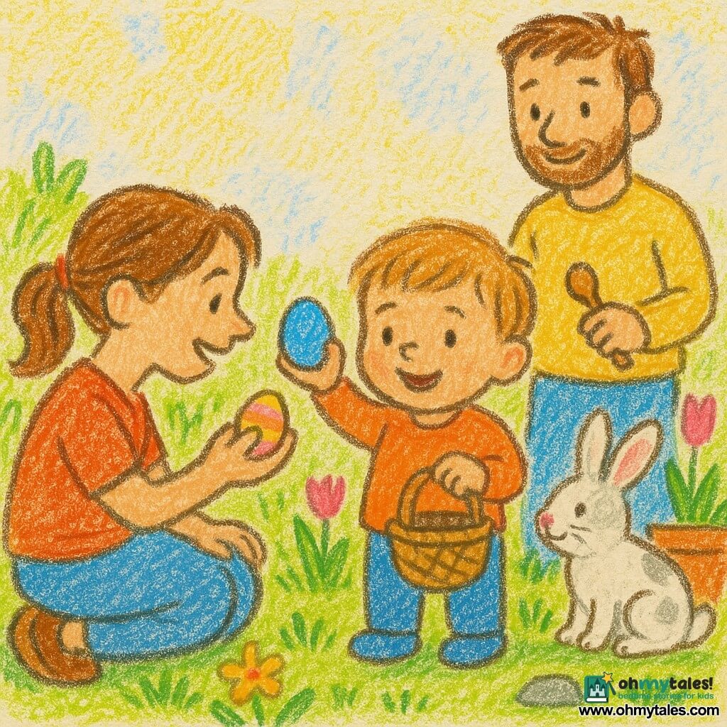 A joyful, curious 2-year-old boy with light brown hair, round cheeks and a shy smile holds a small wicker basket and shows a shiny blue egg; a kind, smiling mother (~32) with tied brown hair crouches to his left offering another colored egg; a protective, calm father (~34) with a light beard stands behind them to the right holding a small wooden spoon; a white rabbit speckled with gray and a pink nose near a planter watches him; sunny garden with green lawn, yellow flowers and pink tulips, terracotta pots, a small gray stone and sunlit patches; main scene: Easter egg hunt, parents encouraging, soft bright atmosphere, simple naive style, vivid colors, pencil strokes and paper textures.