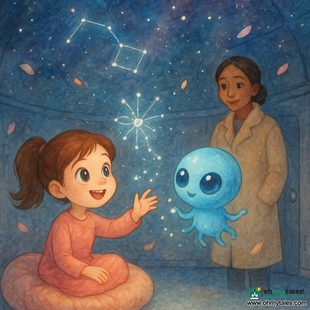A 6-year-old girl with big bright eyes and brown pigtails, smiling and sitting on a round soft cushion reaching toward projected stars; a small round luminous sky-blue alien with silver highlights, sparkling eyes and three tiny waving arms floats beside her, manipulating points of light; the mother, about 30, in a soft beige coat stands near a silver door at the back with a tender protective look; the dome is a large dark round room with polished metal walls and a velvety carpet, projectors creating a dense shimmering starry sky with colorful constellations and floating petals of light; main scene: the girl and the alien draw luminous constellations together forming a large floral motif and the Big Dipper, in a soft, magical palette of pastels and silver reflections.