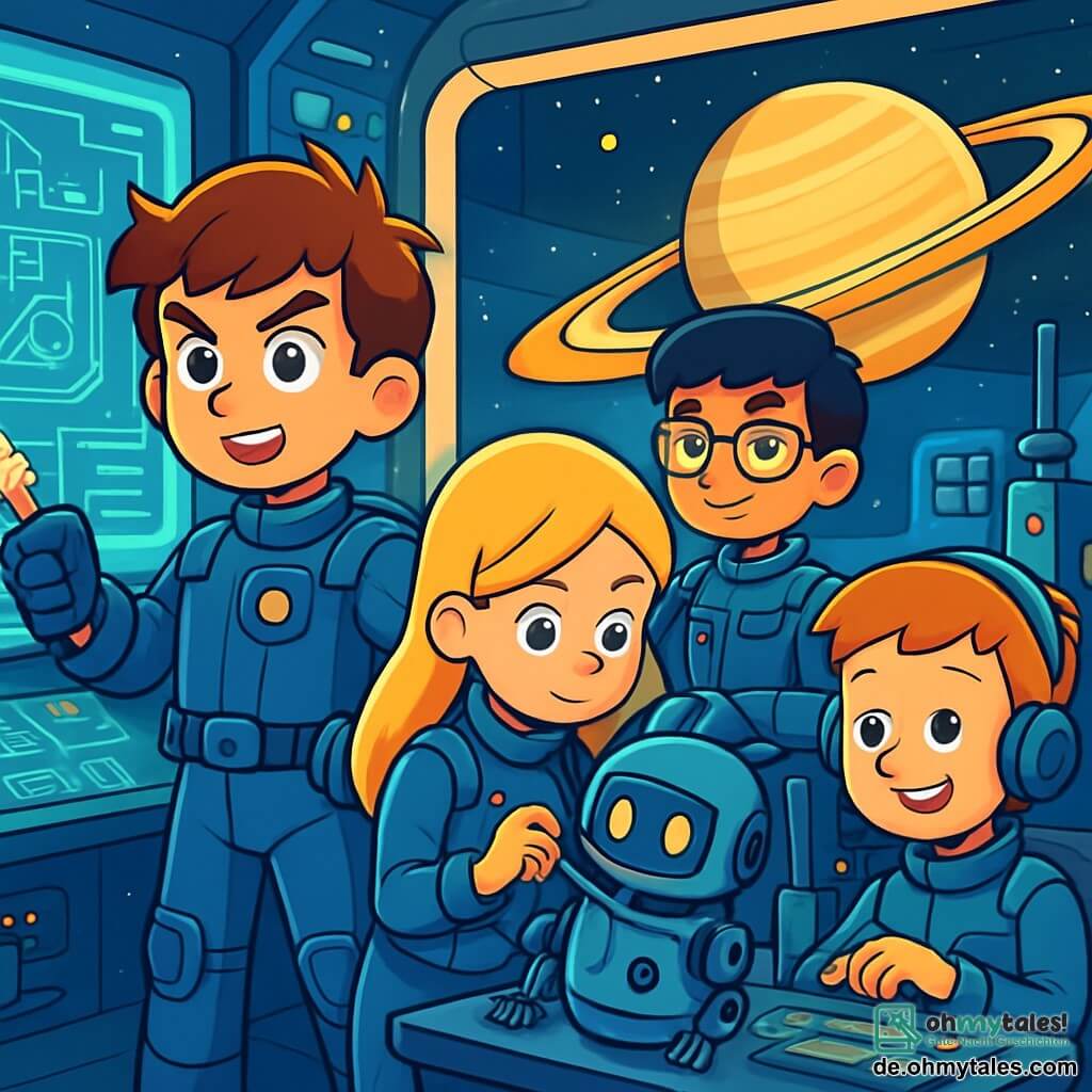 Leon, ein zwölfjähriger Junge mit zerzausten braunen Haaren und funkelnden Augen, steht konzentriert vor einem großen holographischen Bildschirm. Er trägt einen blauen Raumanzug, der mit technologischen Gadgets verziert ist, und hält ein glänzendes Werkzeug in der Hand. Sara, ein zwölfjähriges Mädchen mit langen blonden Haaren, steht neben ihm und repariert sorgfältig einen Roboter. Amir, ein Junge mit schwarzen Haaren und Brille, beobachtet lächelnd die Steuerungen ihres Raumschiffs. Lio, ein rothaariger Junge, sitzt auf einem Stuhl, umgeben von Kommunikationsgeräten, bereit, Informationen zu übermitteln. Die Szene spielt im Kontrollzentrum der Raumstation Aurora, einem futuristischen Raum voller blinkender Lichter und holographischer Bildschirme. Durch große Fenster sind spektakuläre Ansichten des Saturn und seiner Ringe sichtbar. Die Hauptsituation zeigt Leon und sein Team, die sich unter Druck auf die dringende Reparatur der Station vorbereiten, während eine Atmosphäre von Spannung und Adrenalin herrscht.
