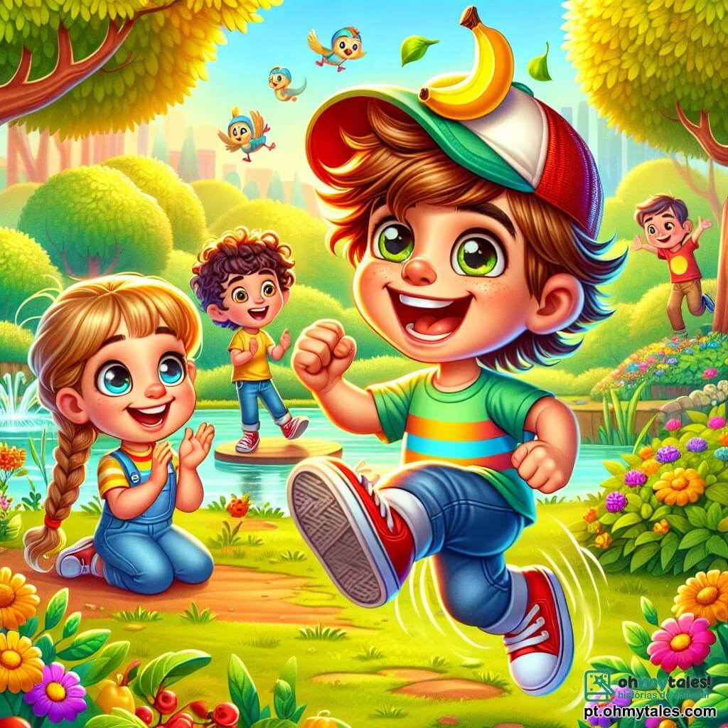 Um garoto de 8 anos, Martim, com cabelos castanhos bagunçados, olhos brilhantes de determinação e um grande sorriso, salta alegremente em um pé, equilibrando uma banana em seu boné vermelho. Ao lado dele, Sofia, uma menina de 8 anos com cabelos loiros trançados, aplaude entusiasticamente, seus olhos brilhando de alegria, enquanto veste uma camiseta listrada colorida. Ao fundo, Tiago, um garoto de 9 anos, com os braços cruzados, observa com um sorriso divertido, seus cabelos cacheados balançando ao vento. A cena acontece em um parque ensolarado, cheio de verdes vibrantes, com árvores de folhas douradas e flores coloridas que dançam ao vento. Ao longe, um grupo de patos nada tranquilamente em um pequeno lago, acrescentando vida ao ambiente. Martim, concentrado e feliz, tenta realizar um desafio maluco: dar a volta no parque pulando em um pé enquanto mantém a banana na cabeça, sob os incentivos de seus amigos.