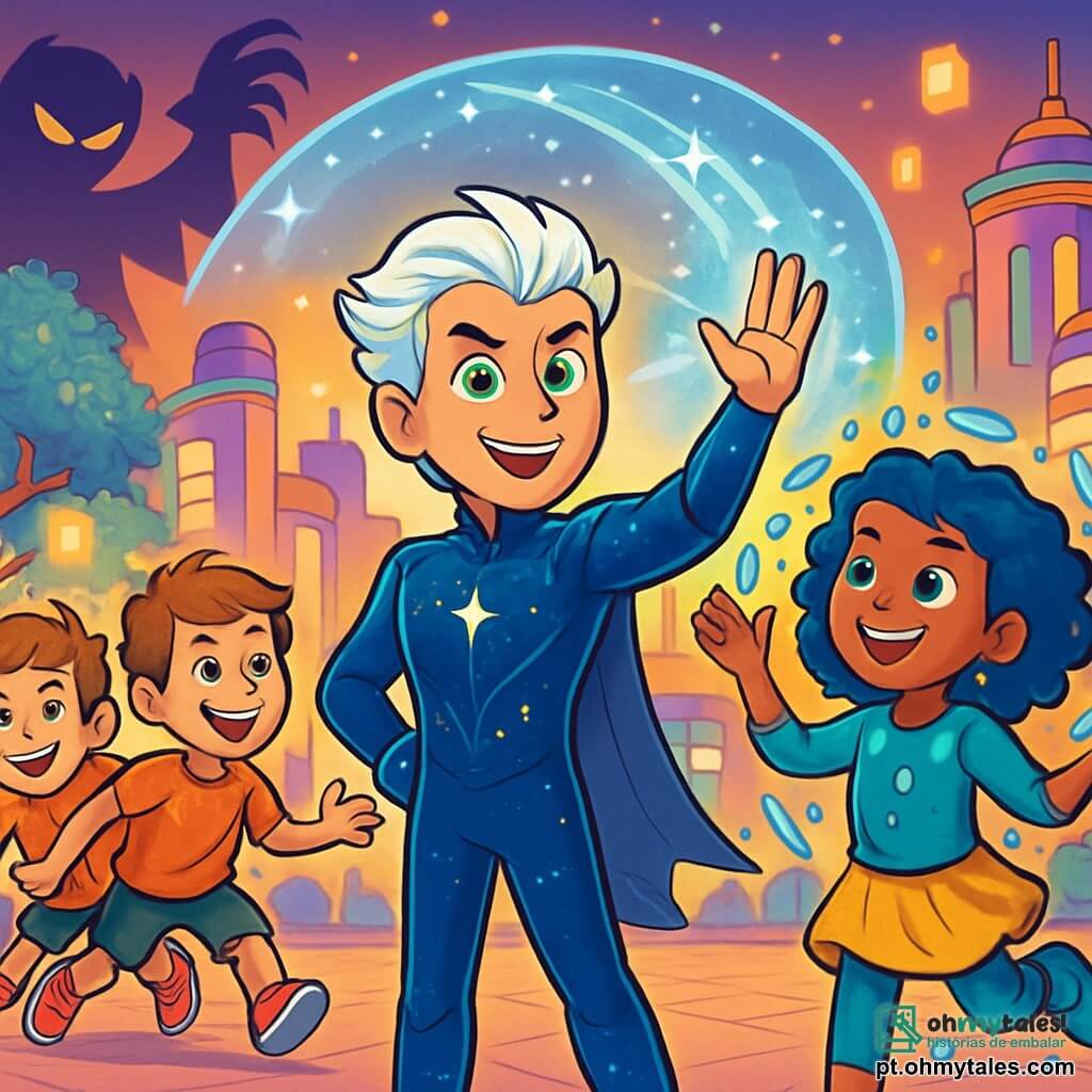 No centro da imagem, Astrocentella, um homem de cabelos prateados brilhantes, veste um uniforme azul escuro com padrões luminosos. Seu rosto expressa uma determinação alegre, com olhos verdes cheios de energia. Ele está lançando um campo de força cintilante para proteger os habitantes de Luminópolis. À sua direita, Sofia, uma menina de 12 anos com cabelos cacheados azul escuro e pele dourada, usa seus poderes para fazer gotas d'água dançarem ao seu redor, criando uma linda chuva luminosa. À sua esquerda, Téo, um menino de 10 anos, se multiplica em várias versões de si mesmo, rindo e correndo ao redor de Astrocentella para distrair um vilão. O cenário é a Praça das Cometas, com árvores de folhas metálicas brilhantes e edifícios futuristas coloridos, iluminados por lanternas flutuantes. No fundo, sombras ameaçadoras se desenham, representando o vilão Eclipse, que tenta mergulhar a cidade na escuridão. A situação principal mostra Astrocentella e seus jovens amigos unidos, usando seus poderes para proteger a cidade de uma ameaça iminente, ilustrando coragem e espírito de equipe.