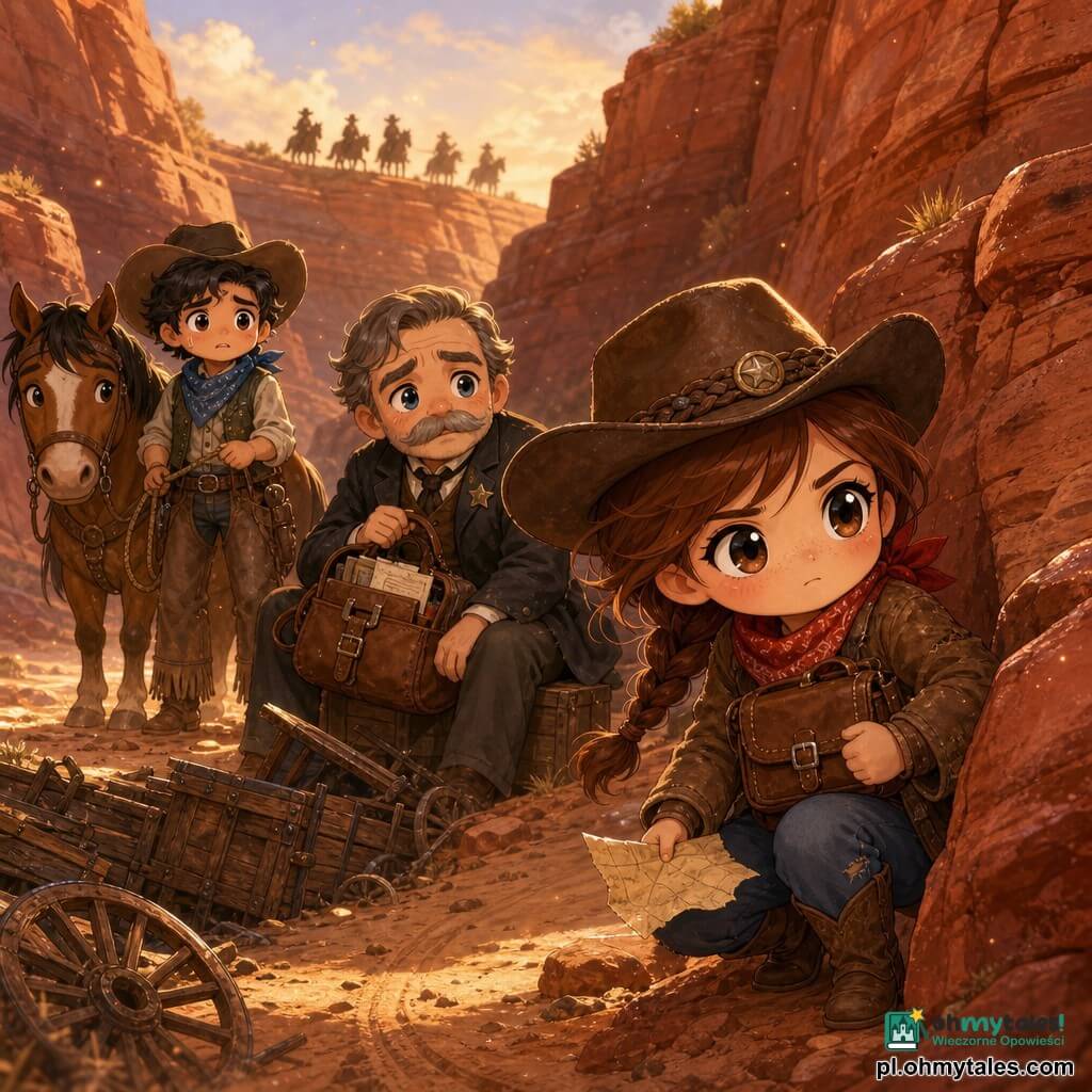 Młoda odważna cowgirl (dziewczyna), okrągła twarz, duże błyszczące oczy, kasztanowe włosy w warkoczu, szeroki brązowy kapelusz, zużyta skórzana kurtka i czerwony chustka, przykucnięta przy skale, trzyma zmiętoloną mapę i przytula skórzaną torbę; doświadczony szeryf Harlan, około 50 lat, siwe wąsy, ciemna kurtka i gruba torba, siedzi na skrzyni za nią, wyglądający na zmęczonego i uspokojonego, ściskając rączkę sakwy z dokumentami; nerwowy młody kowboj około 25 lat, czarne włosy, niebieska bandana, stoi nieco z tyłu przy kasztanowym koniu, trzyma linę i nasłuchuje cowgirl; miejsce: wąski kanion czerwono‑pomarańczowych skał ze smugami, małymi półkami i złotym pyłem w powietrzu, na dnie wrak starego wozu i ślady kół; scena: uniknięta zasadzka — cowgirl poprowadziła grupę w szczelinę skalną, porzucony wóz blokuje drogę, cienie jeźdźców na grzbiecie w oddali, nastrojowo i łagodnie, ciepłe kolory (ochra, cegła, czerwień) kontra blady nieboskłon; styl graficzny chibi kawaii, proste zaokrąglone linie, stylizowane faktury skóry i skał, przesadzone przyjazne ekspresje, złote wieczorne światło.