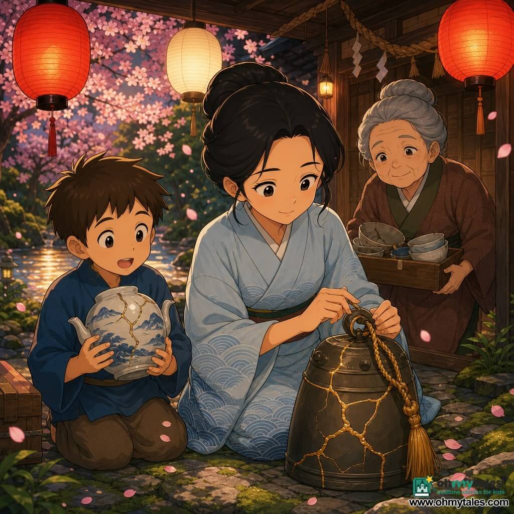 The protagonist is Aya, a gentle, focused woman with black hair in a simple bun, wearing a pale blue kimono with wave motifs; she delicately repairs a small bronze bell's cord with golden thread. To her left stands Kenji, about 11, brown short hair and wide-eyed, clutching a cracked porcelain teapot decorated with mountains and waves. Behind to the right is Nori, an elderly, stooped but alert woman with grey hair and an earthy kimono, smiling and holding a small box of cracked bowls. The scene is a small wooden Shinto shrine with low dark doors, mossy stone floor, red-and-white paper lanterns, a distant sparkling stream and warm lantern light reflecting on the water; floating lanterns and falling cherry petals create an intimate, luminous atmosphere centered on the shining bell and the golden repair lines.