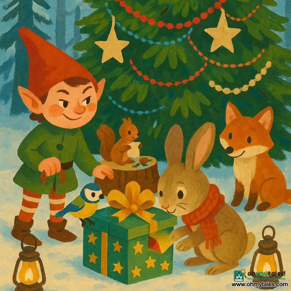 The scene shows a mischievous little Christmas elf with a pointed red hat, rosy cheeks, a sly smile, and a short green coat, striped red-and-white stockings, holding the handle of a green starry box with a shiny bow set on candy-cane "legs." A soft brown rabbit with large ears and a curious expression, wearing a small red berry knit scarf, crouches beside the box opening it with wonder. Nearby a blue tit perches on the box, a squirrel holds a napkin, and a fox looks on, all around a low festive table. They stand in a snowy clearing beneath a large pine decorated with wool garlands, paper star tags, colorful threads, tiny tools on a stump, and warm oil lanterns in the snow. The central moment: the elf and rabbit discover an apparently "empty" box full of possibilities—its bow moves, labels hang, and craft bits lie around—creating a warm, bright, playful atmosphere.