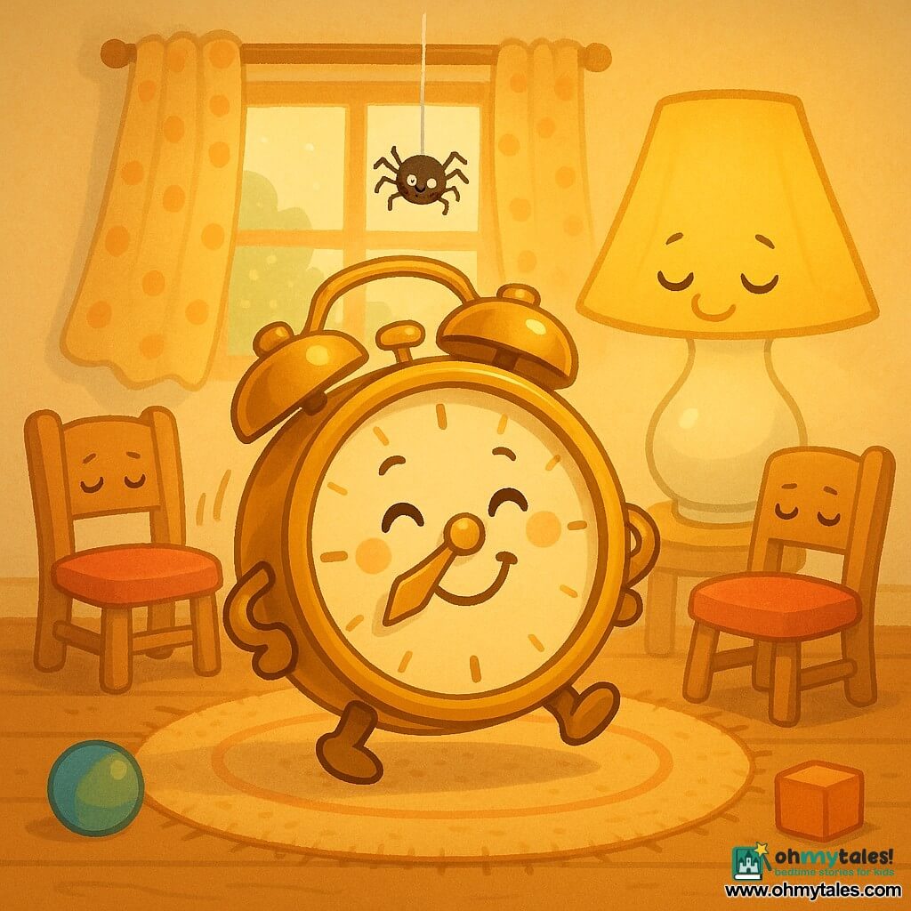 A small round alarm clock as the main character, made of shiny brass with a smiling face painted on the dial, a long golden minute hand and a short silver hour hand, plump and warm with a content, proud expression, ticking and swaying slightly as if humming; a bedside lamp as secondary character, white porcelain body with a yellow shade, half-closed eyes and a tender smile, casting warm light just behind the clock; two small slightly wobbly wooden chairs with red cushions as secondary characters, sleepy eyes and calm postures placed left and right in the background; a tiny shiny spider with a round black body, eight thin legs and a silver silk thread swinging joyfully above the clock and gently touching its top; a square window letting in golden sunbeams, light polka-dot curtains stirring and a blurred garden beyond; warm wooden plank floor, a soft rug under the clock and a few simple toys scattered; the scene shows a calm, gentle moment with the clock ticking at the center while the others listen peacefully, warm palette of yellows, golds and soft reds, rounded shapes and a centered, reassuring composition.