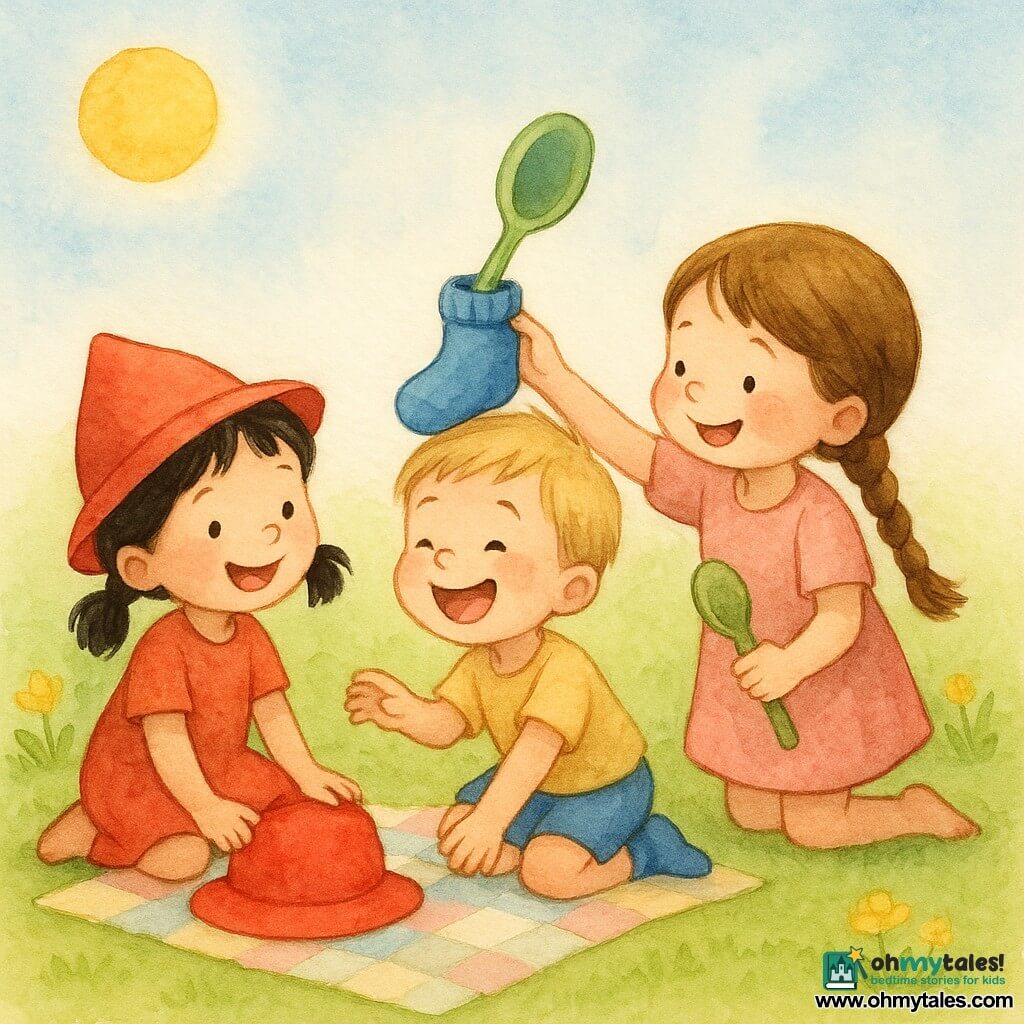 Three children about 4 years old on a soft green lawn under a pale blue sky: a girl on the left with black pigtails and a small red hat smiles as she places a red hat on the ground; a blond boy in the center stacks a blue sock on the hat and laughs at the tower; a girl on the right with a brown braid holds a green spoon and places it atop the tilting tower. A pastel check blanket lies on the grass with a few yellow flowers and a warm round sun in the corner. They are building a wobbly tower of funny objects (red hat, blue sock, green spoon) that is tipping; the scene is playful and colorful.