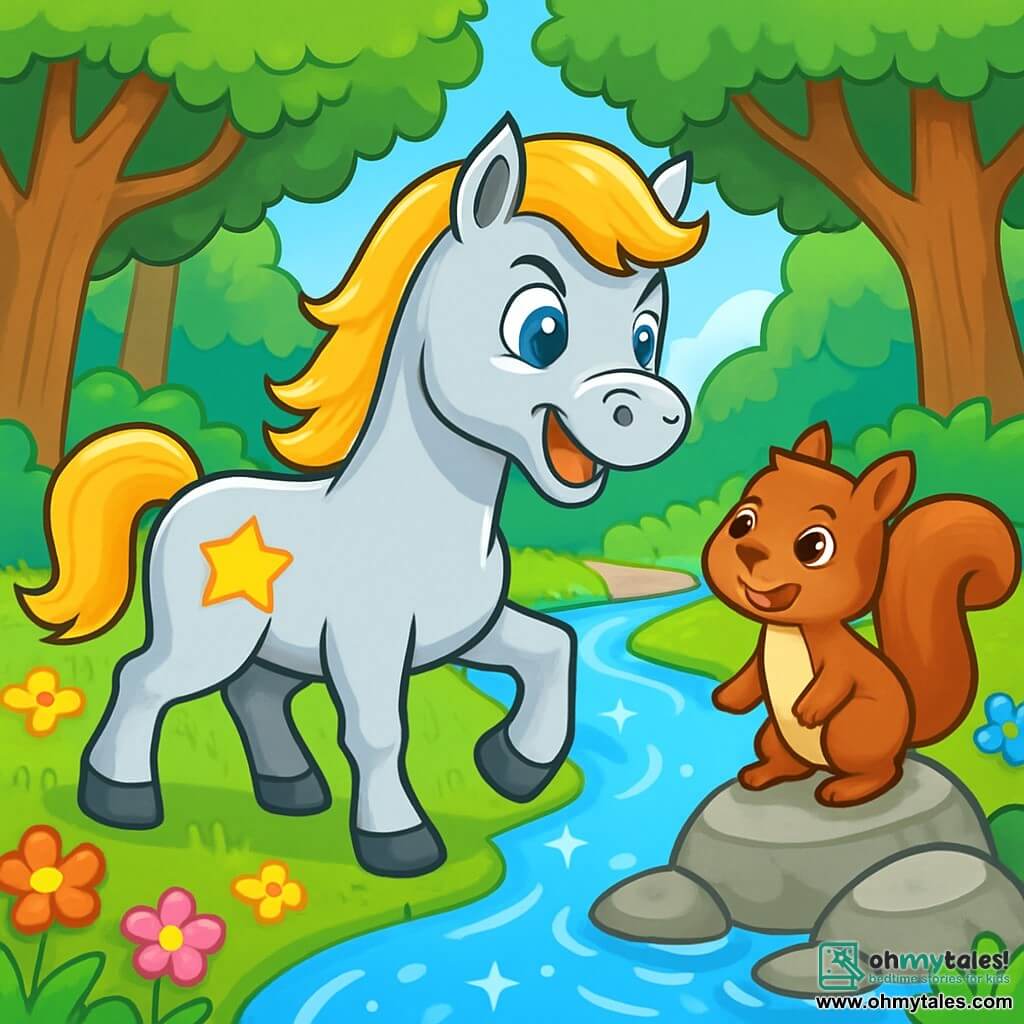 A young horse named Star, with a shiny silver coat and sparkling eyes full of joy, stands by a shimmering river. He shows an expression of excitement and determination. Next to him, a small squirrel named Nutty, with brown fur and mischievous eyes, climbs on a rock, ready to encourage him. In the background, an enchanted forest rises, with majestic trees and vibrant green leaves, and colorful flowers lining the path. The river, with its crystal-clear waters, winds through the landscape, creating a magical atmosphere. Star and Nutty are preparing to cross the river, facing the challenges ahead together.