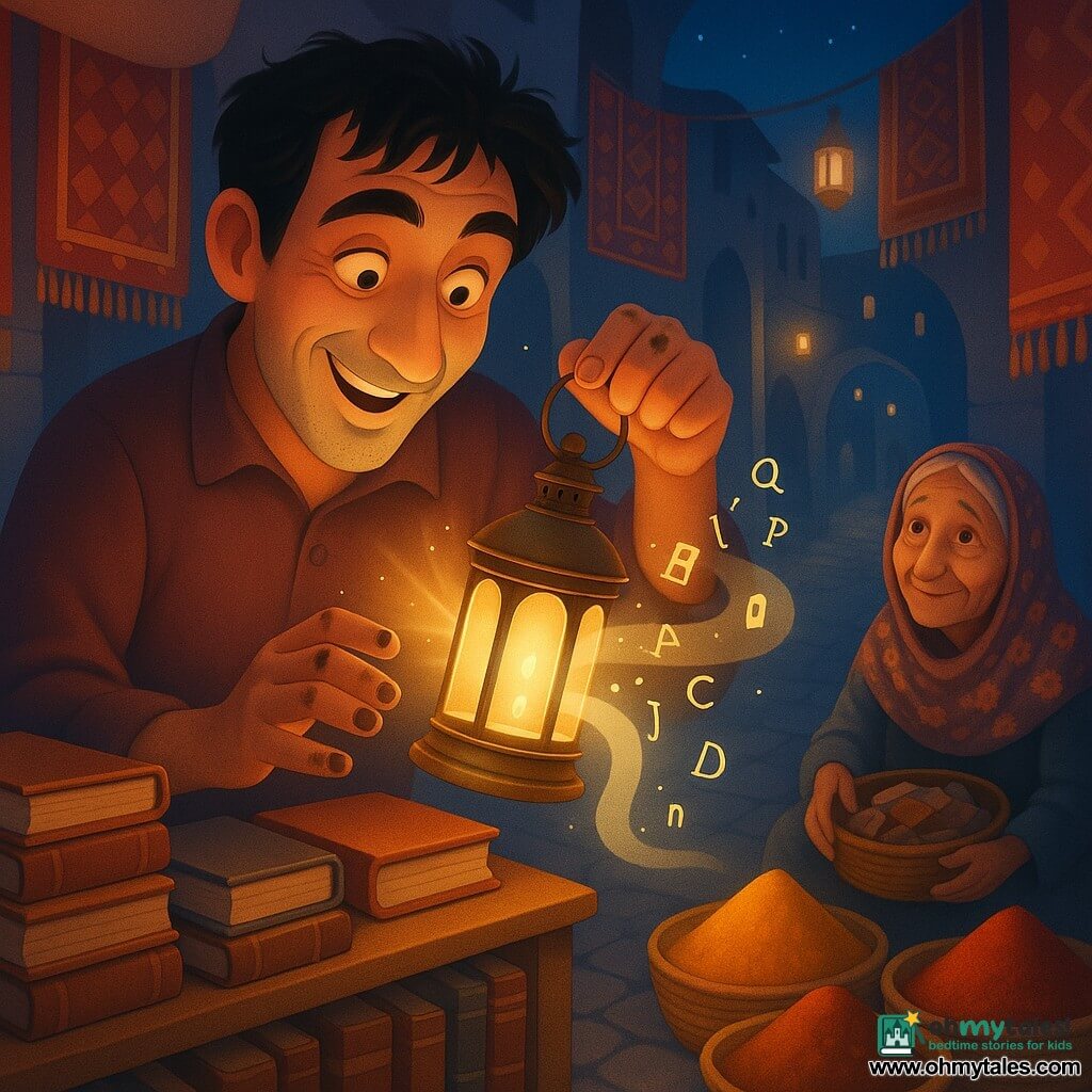 A smiling, tousled-haired adult man with ink-stained fingers holds a slightly shiny brass lantern in front of him, standing behind a small wooden bookstall and watching the light it emits; beside him sits a frail elderly woman of about 70 with wrinkled skin and sparkling eyes, wearing a floral shawl and holding a basket of broken objects—she appears to have given him the lantern. The setting is a night bazaar inspired by One Thousand and One Nights with paved alleys, hanging colorful rugs, stacks of leather-bound books, vivid spice baskets (yellow saffron, brown cumin, red powder), suspended lanterns and a warm glow of golden bulbs. The lantern casts a pale ribbon of light that forms floating letters and small doorway shapes in glow, creating soft shadows and a warm-cool contrast between the golden spice light and the blue night sky.