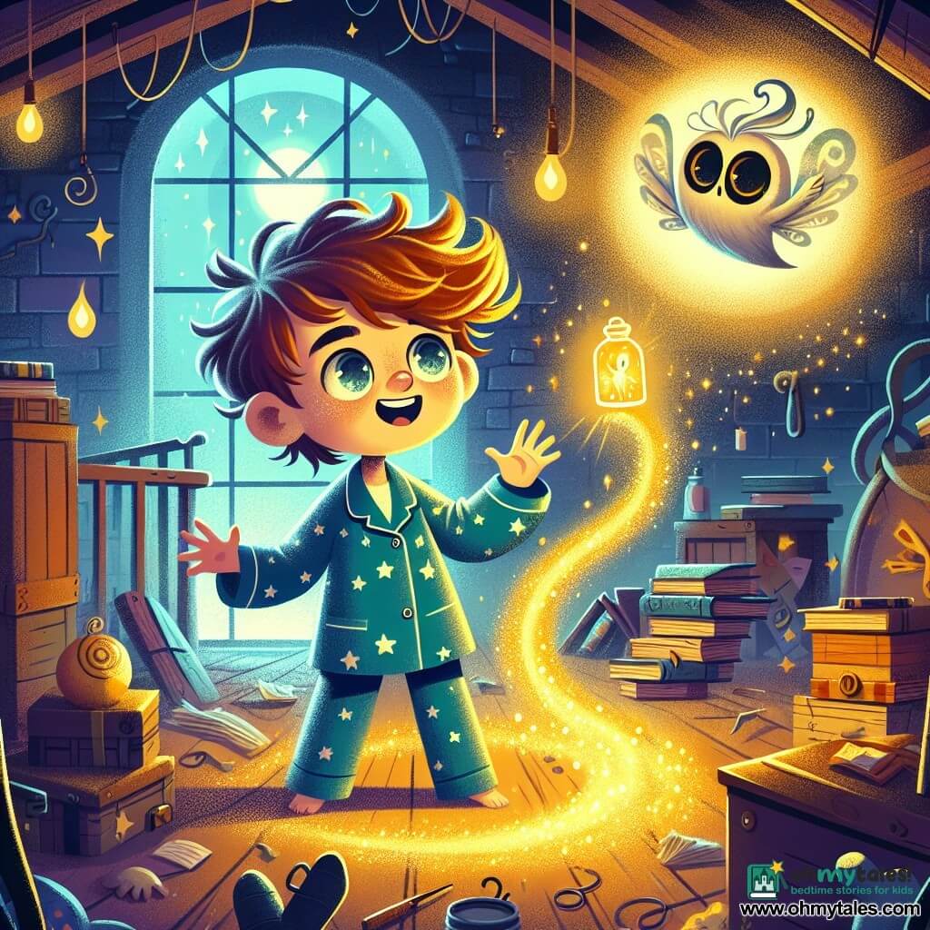 An 8-year-old boy with tousled brown hair and sparkling curious eyes stands in the center of a dark room, his face marked by wonder and excitement. He wears blue pajamas with white stars, and his small hands reach out to a golden glow floating before him. Beside him is a small character named Whisper, a mysterious creature with a cloak of shadows and eyes shining like coins, floating in the air. Whisper smiles, his butterfly wings gently shimmering in the dim light. The setting is a dusty attic filled with old toys, stacked books, and cobwebs, with a round window letting in a silver moonbeam, creating a magical and slightly eerie atmosphere. The main scene shows the boy reaching for the golden light, a brave memory escaping from a glass jar, while Whisper encourages him to remember his own moments of bravery.
