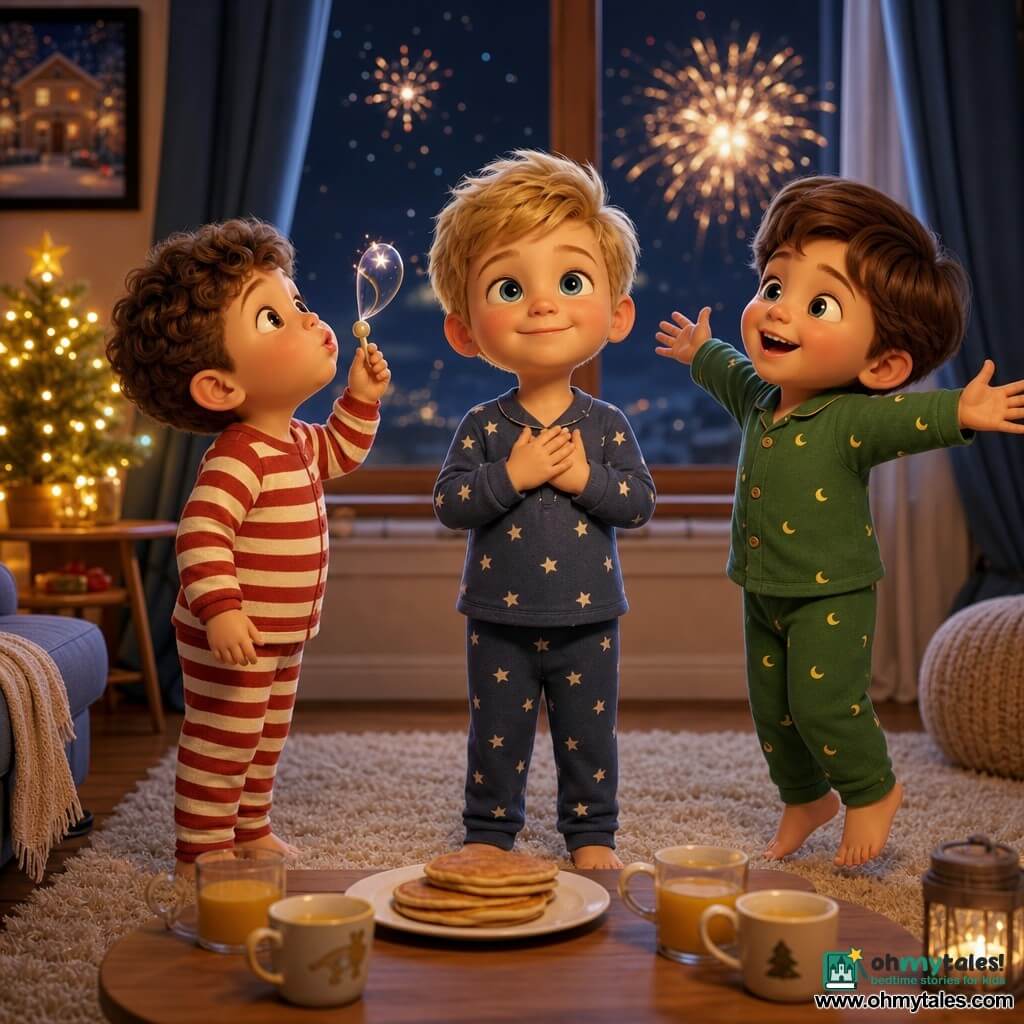 Three 4-year-old boys in a warm nighttime living room perform a tender New Year ritual: a blond boy in blue star pajamas stands center before a window with hands on his heart and a gentle smile, a curly brown-haired boy in red-and-white striped pajamas stands left blowing upward as if sending a wish, and a straight chestnut-haired boy in green moon pajamas stands right, lightly hopping on tiptoe with arms open for a hug; the scene is lit in soft golden light on a cream rug, a small table holds apple juice and pancakes, a small decorated table tree with warm yellow lights and closed blue curtains frame a large window showing distant sparkling fireworks, faces round with bright eyes, warm colors, soft textures, and a calm, festive atmosphere.